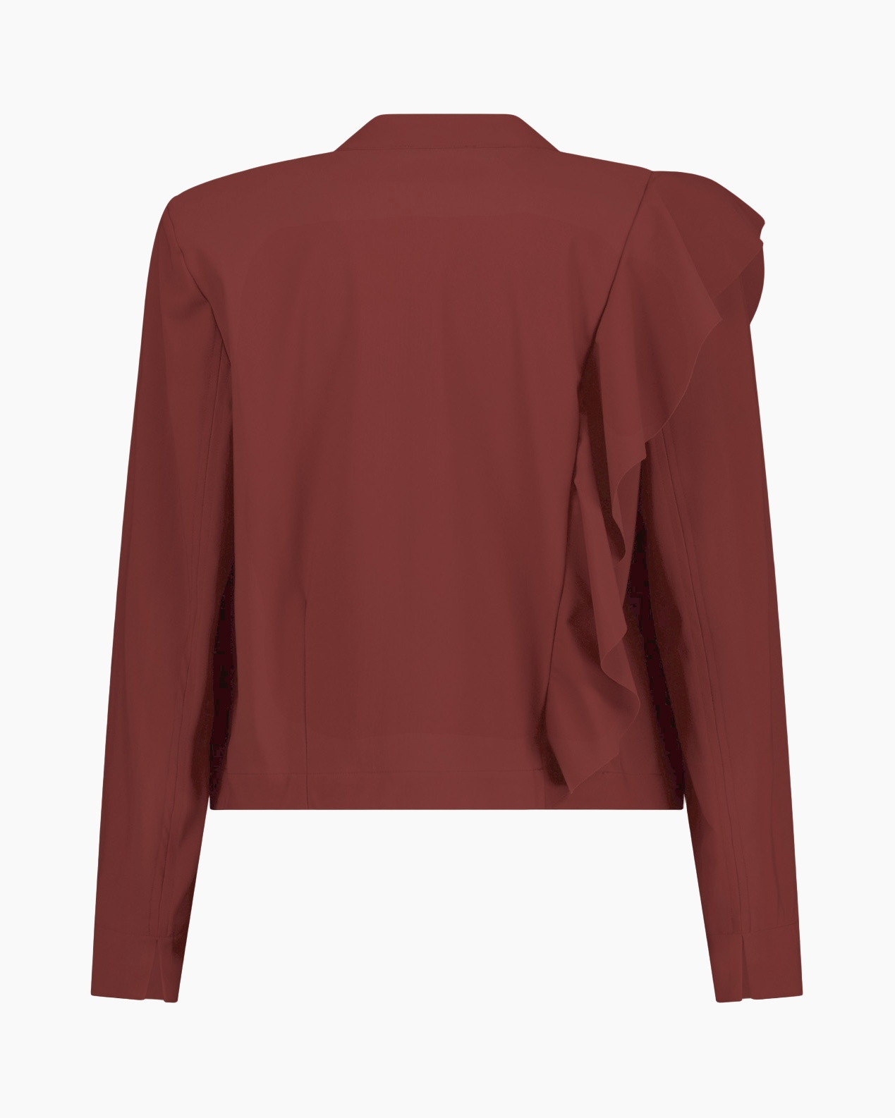 blouse, rust color, one-shoulder ruffle, long sleeve, applique pleat