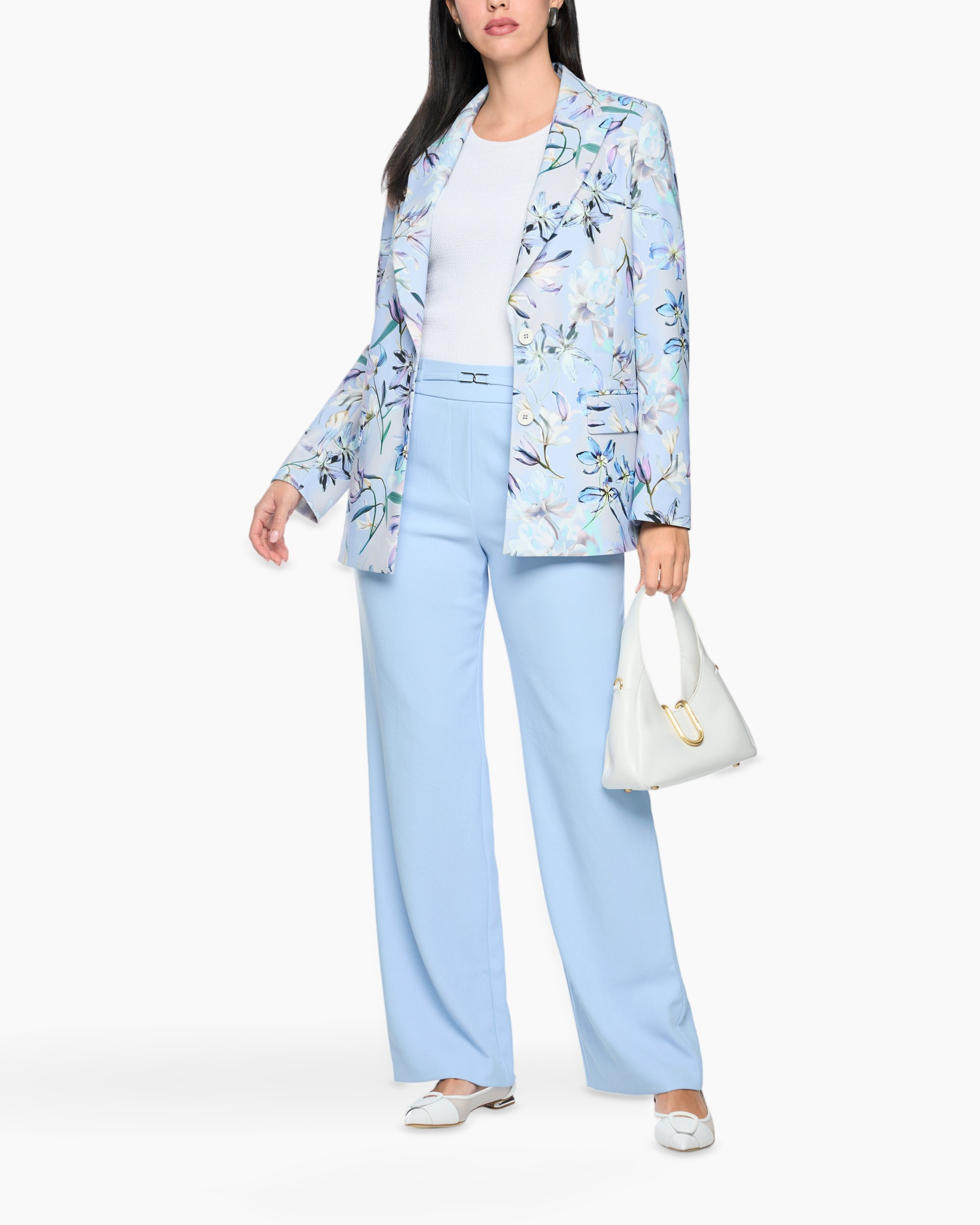 blazer, bloemig, jas, lichtblauw, lange broek pak