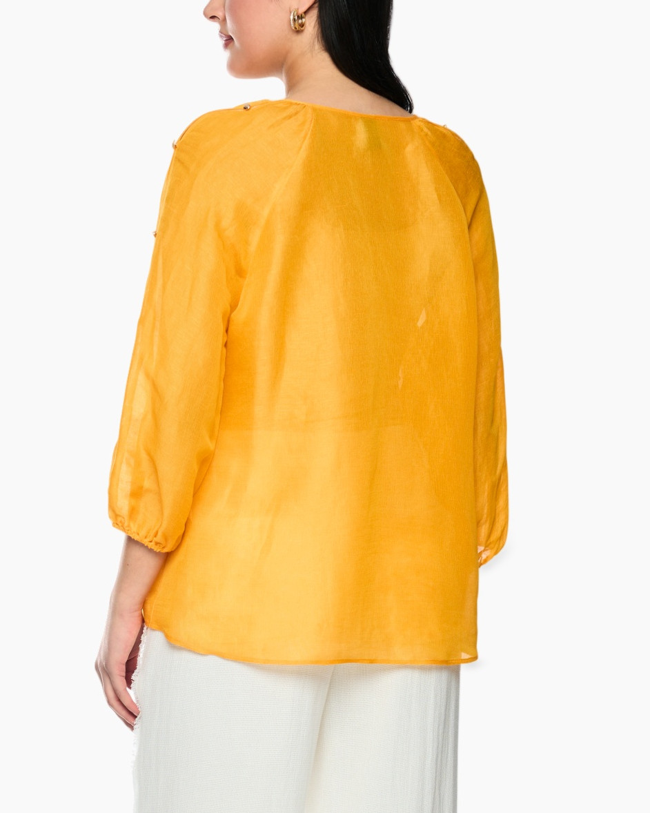oranje, blouse, lange mouwen, knoopdetails, knoopjes
