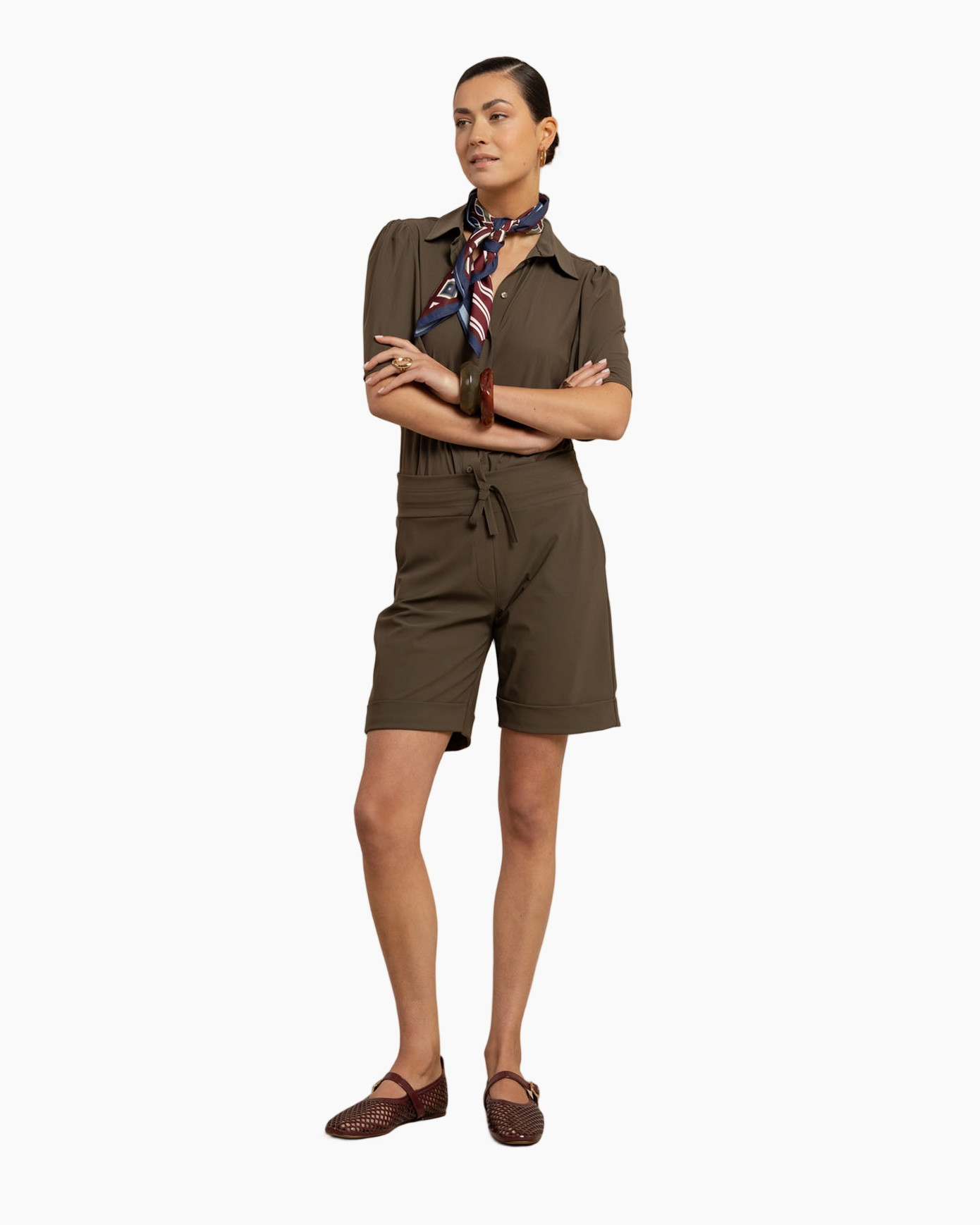 button-down, short-sleeve, top, khaki, scarf