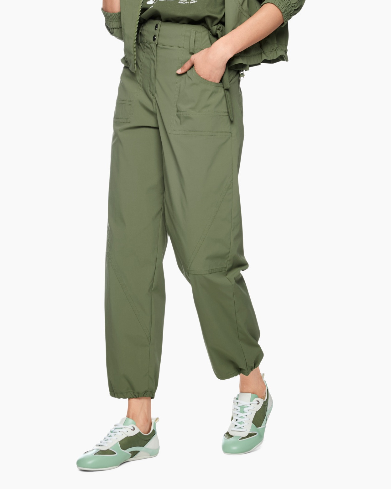 pants, cargo pants, olive green, elastic cuffs, front pockets