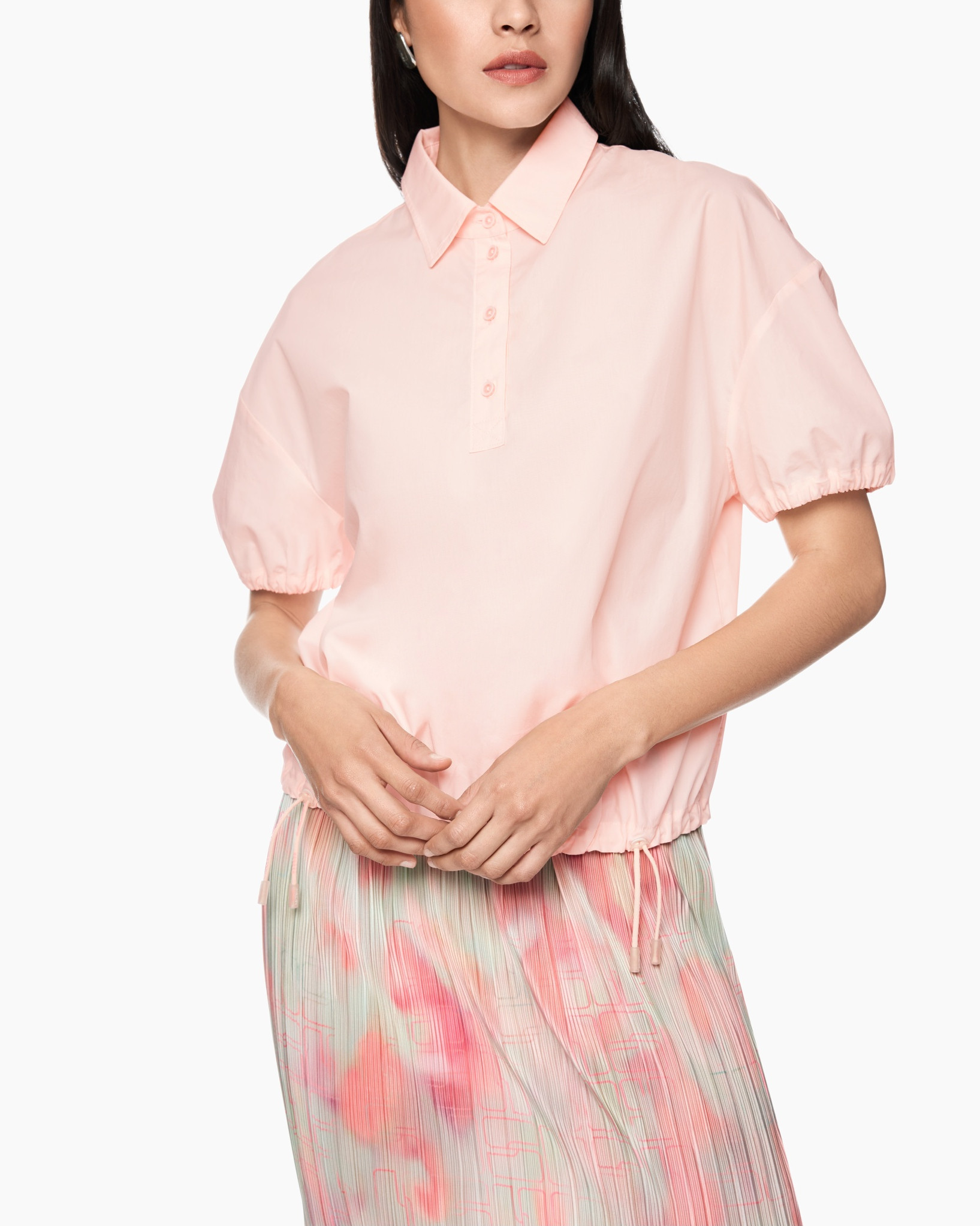 pink shirt, puff sleeve, collared polo, drawstring hem, light pink