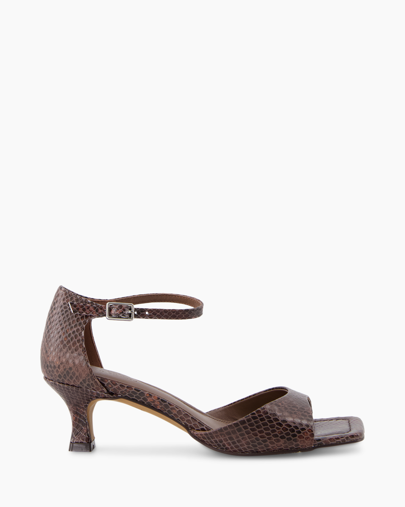 damesschoen, riemen sandaal, ankelriem, hiel, bruin slangenhuid