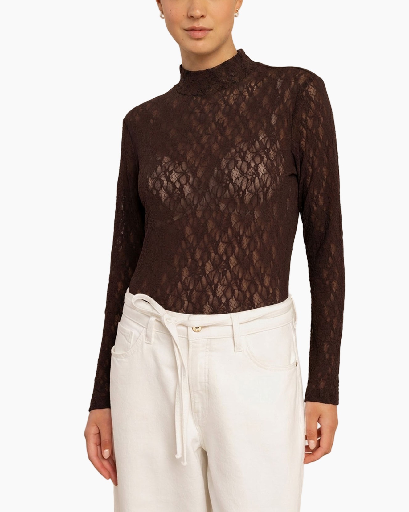 lacetop, bruinetop, hoge hals, lange mouwen, doorschijnend