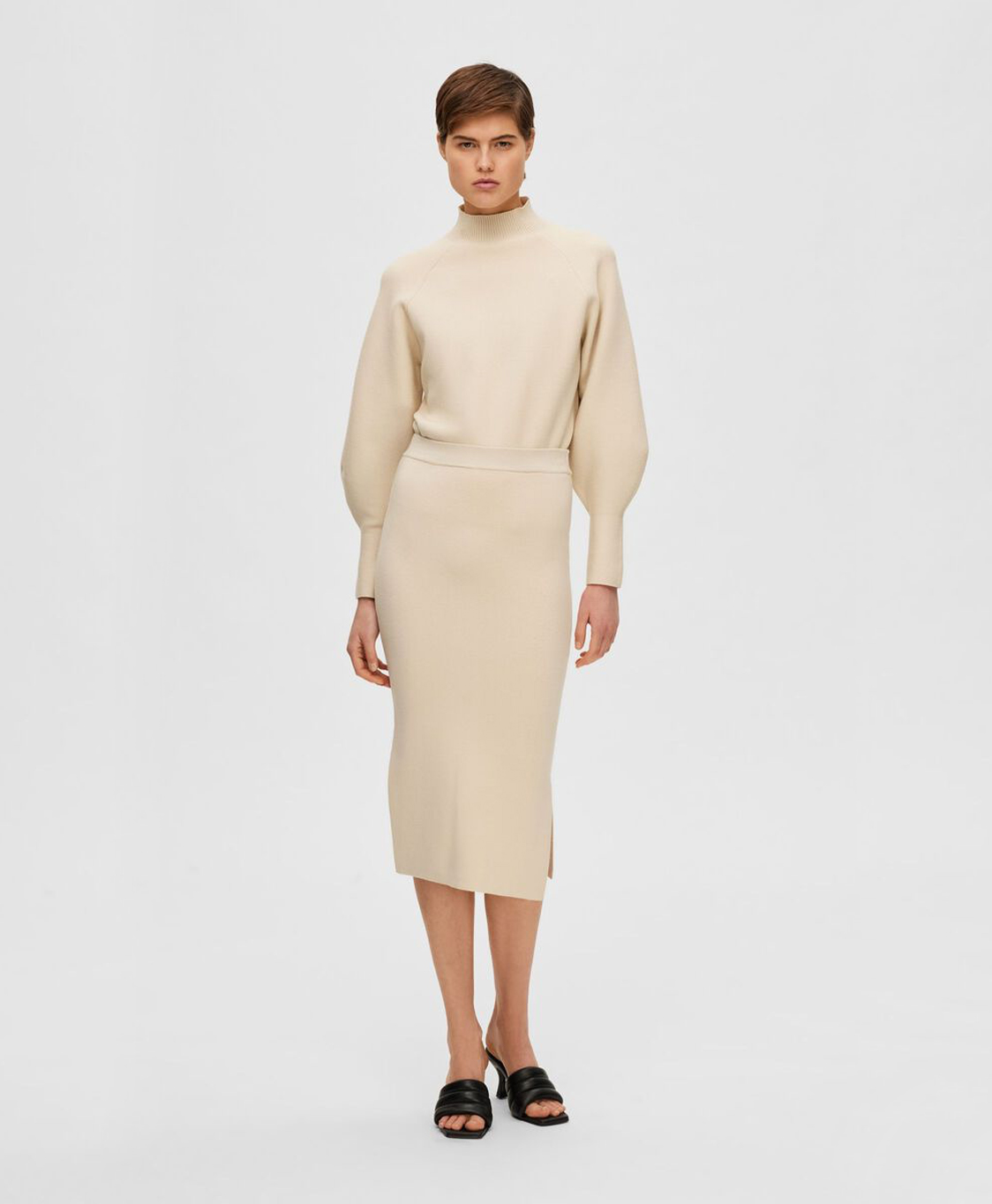 Selected Femme Rok Merle Fyria Mw Knit Skirt B Cam Off White