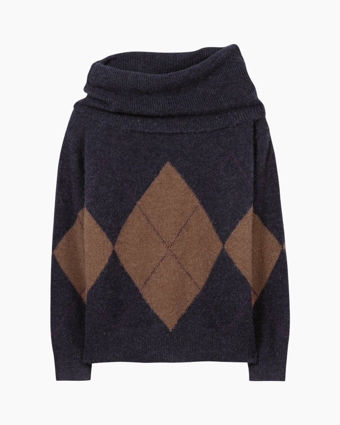 argyle, trui, turtle-neck, brei, donkerblauw