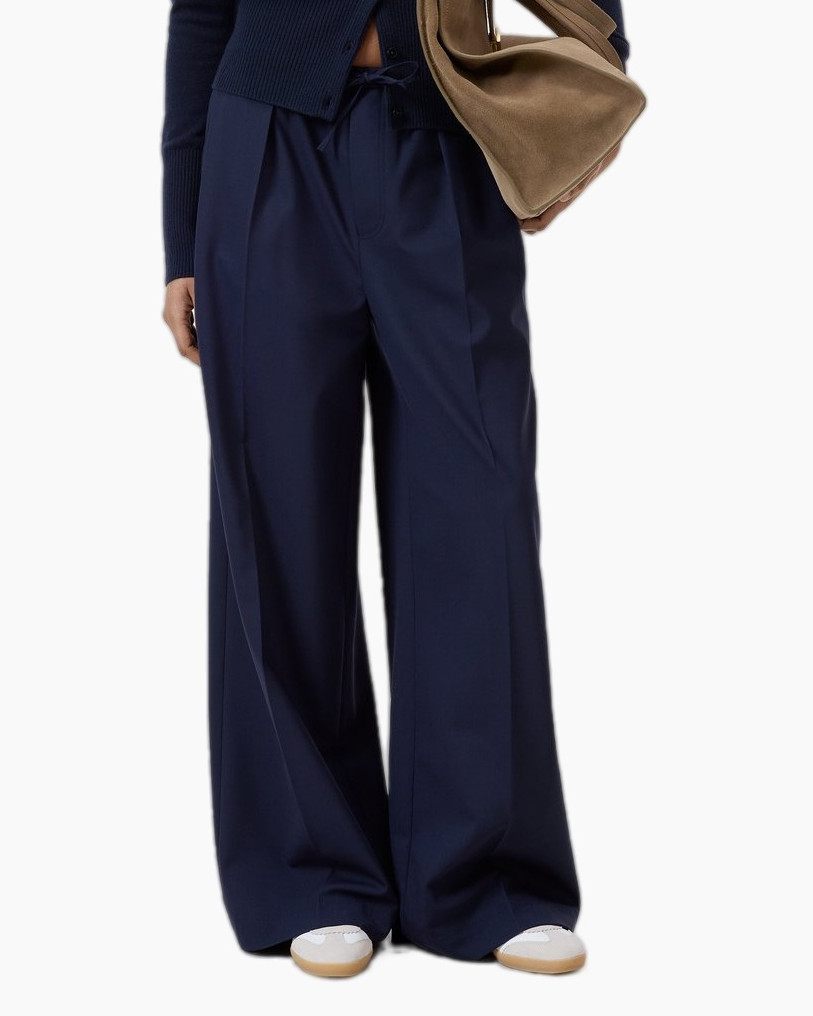 navy pants, wide-leg, pleated, drawstring, casual pants