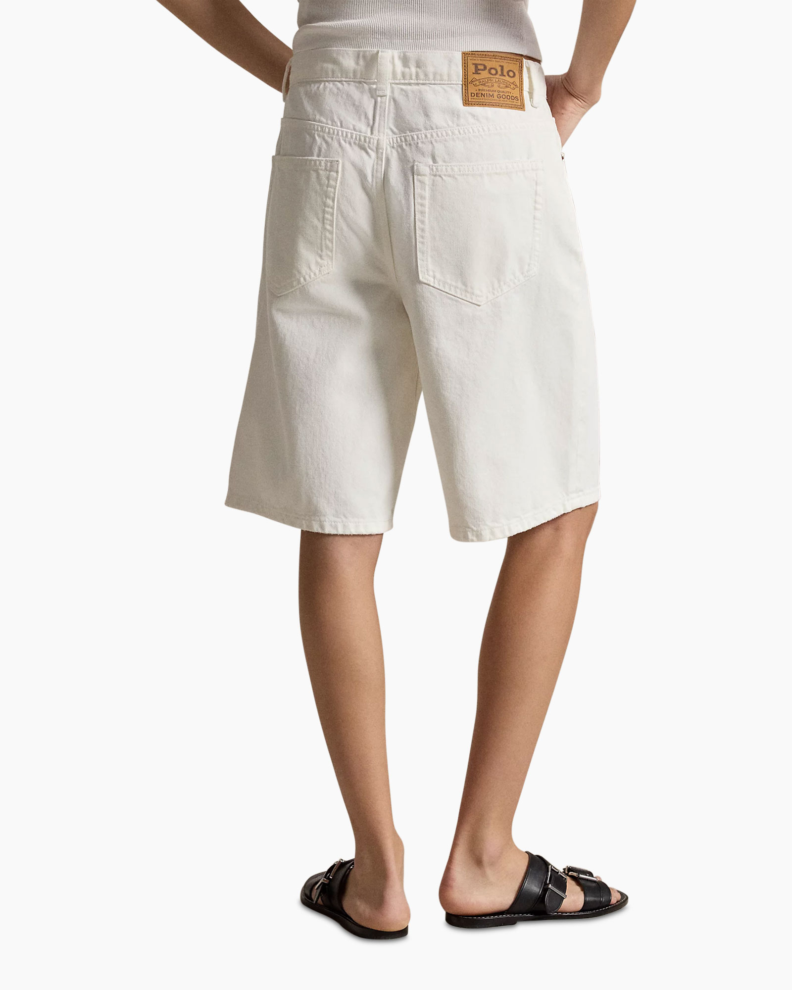 shorts, white, denim, knee-length, open-toe sandals