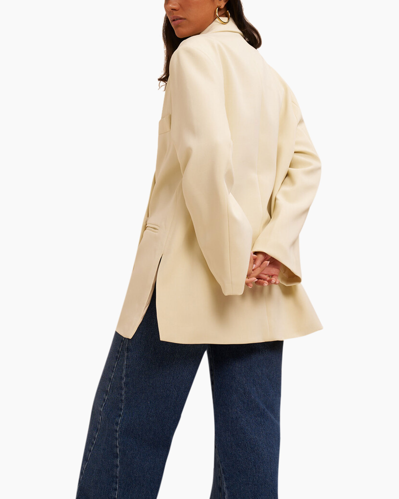 blazer, beige, double-breasted, padded-shoulder, handbag