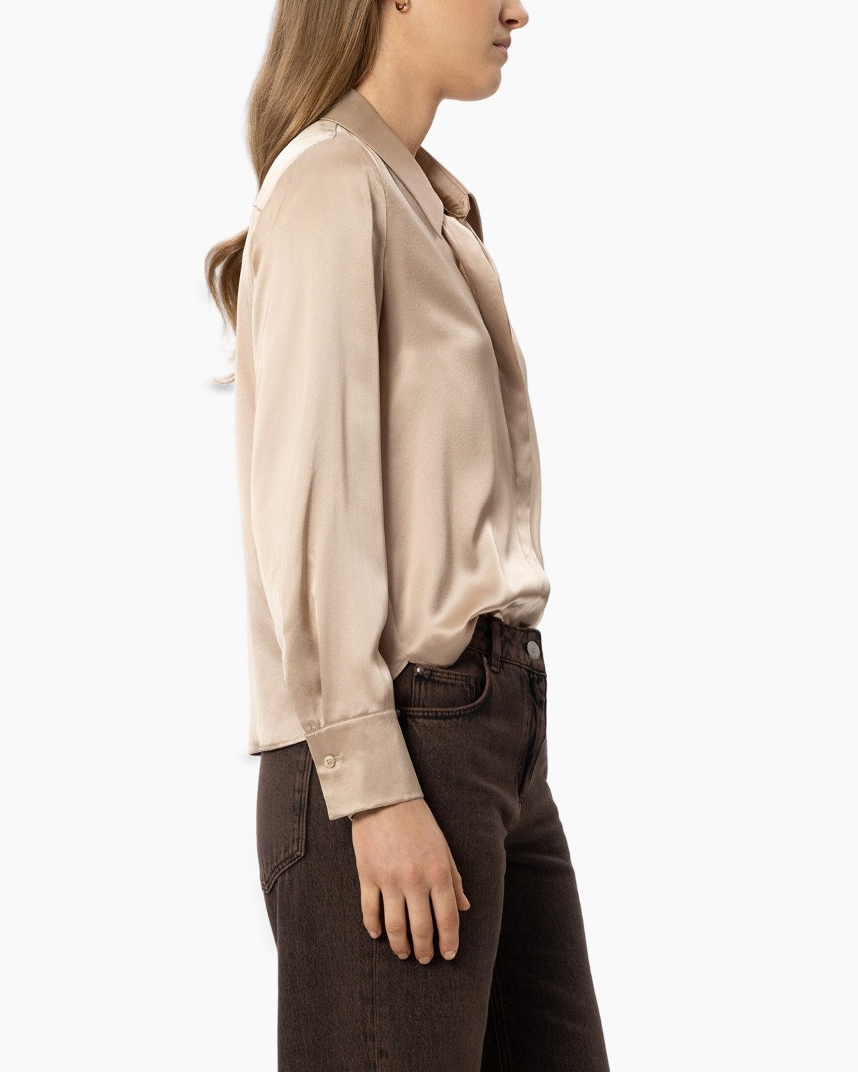 zijden blouse, knopen-down, beige, lange mouw, kraagshirt
