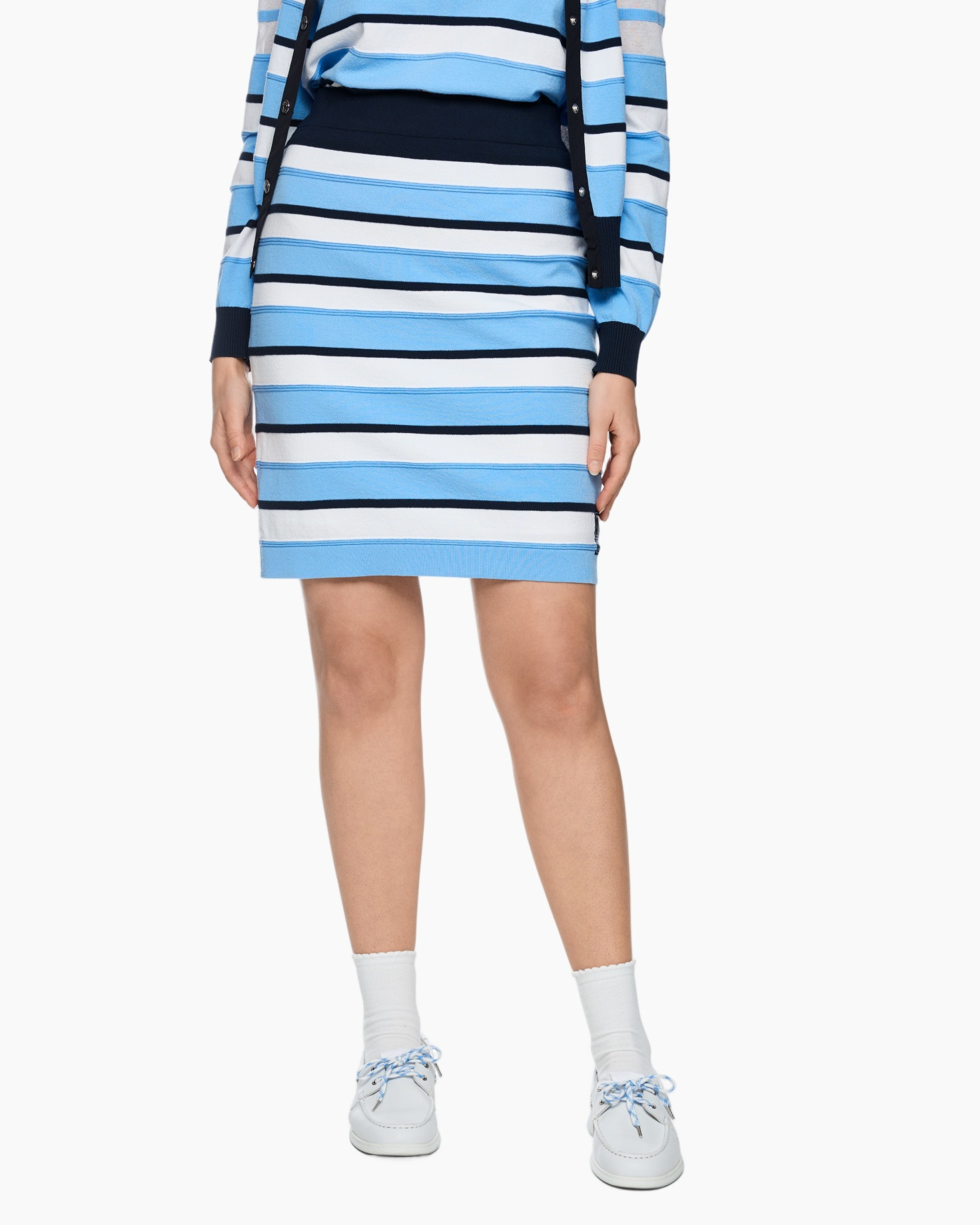 striped skirt, blue stripes, mini skirt, knee-length, cardigan set