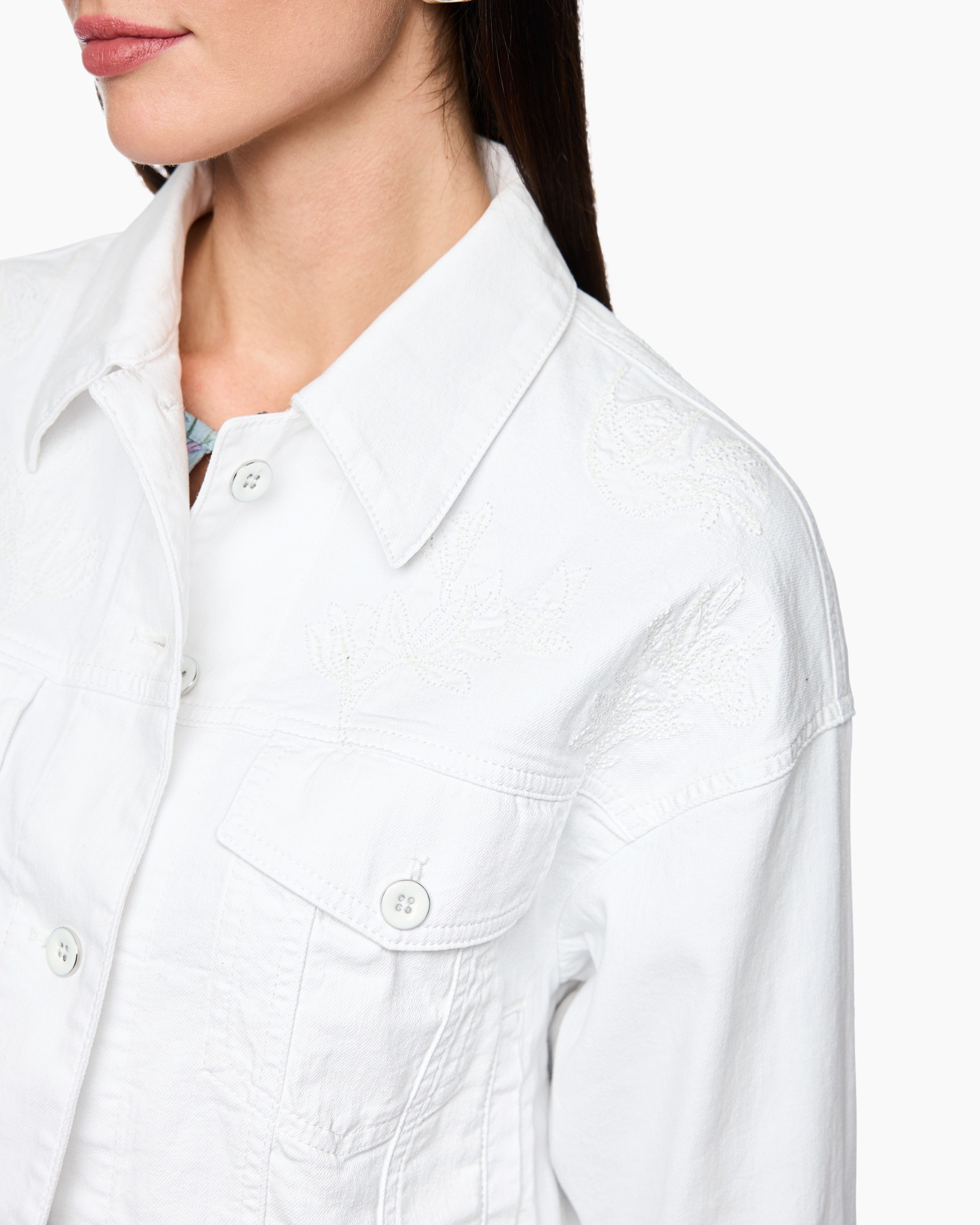 white, shirt, embroidered, denim, pocket