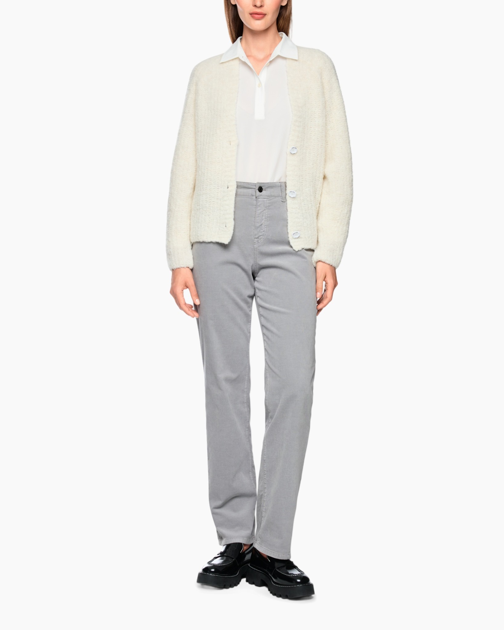 cardigan, crème, breipull, gelaagd, broek