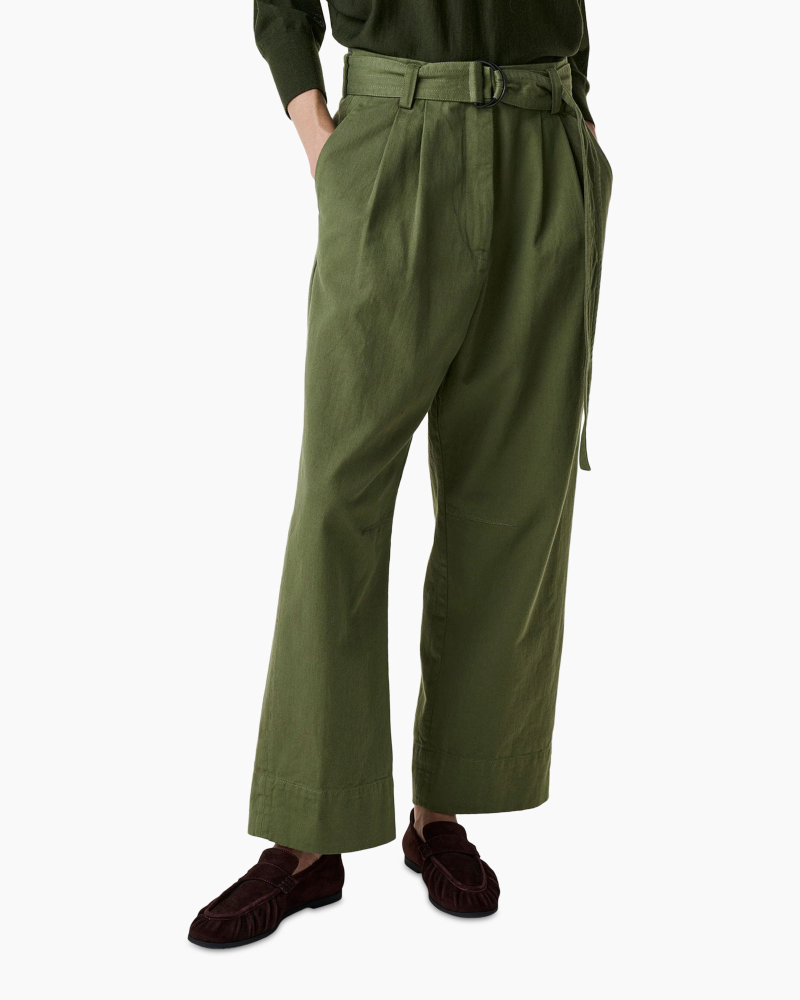 broeken, olijfgroen, wijdte-breed, riem, loafers