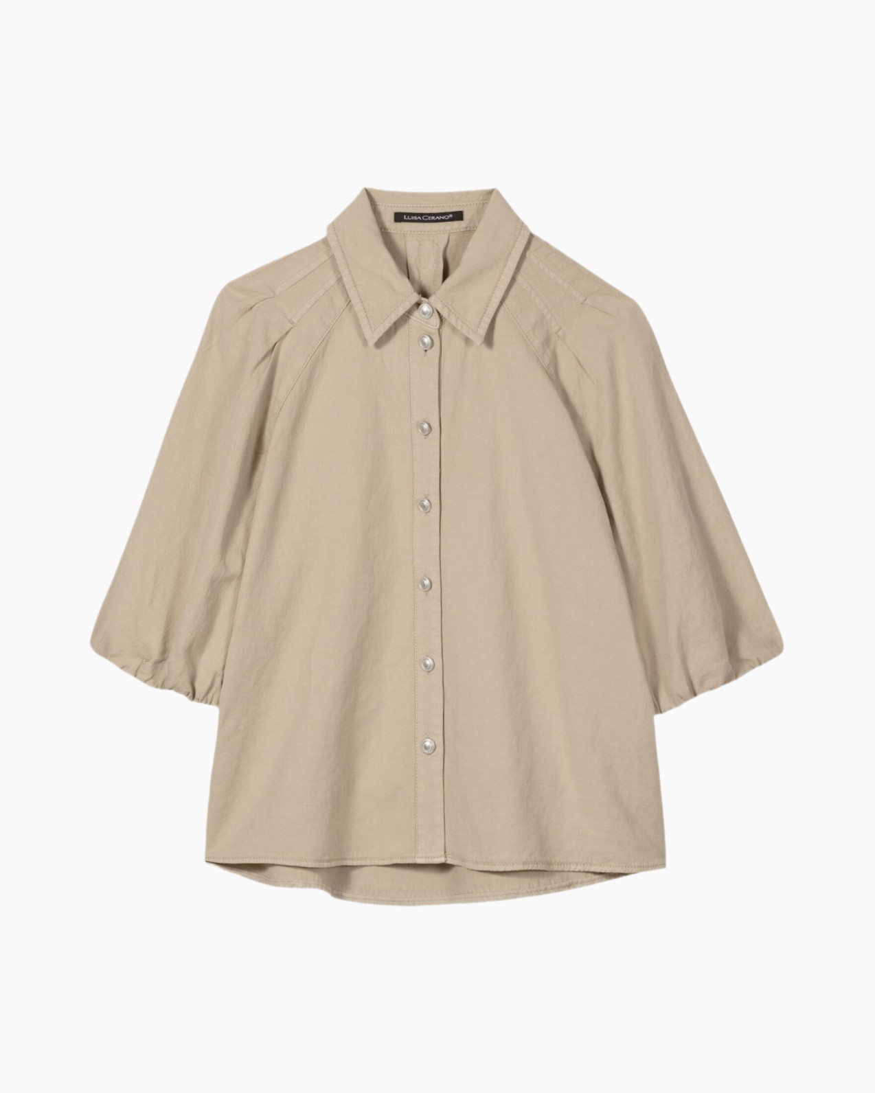 knopsluiting, beige, kraag, pofmouw, top