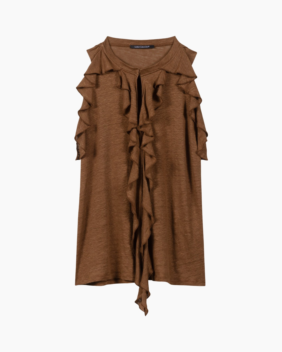 top, tuni, bruin, frills, schouderslessen