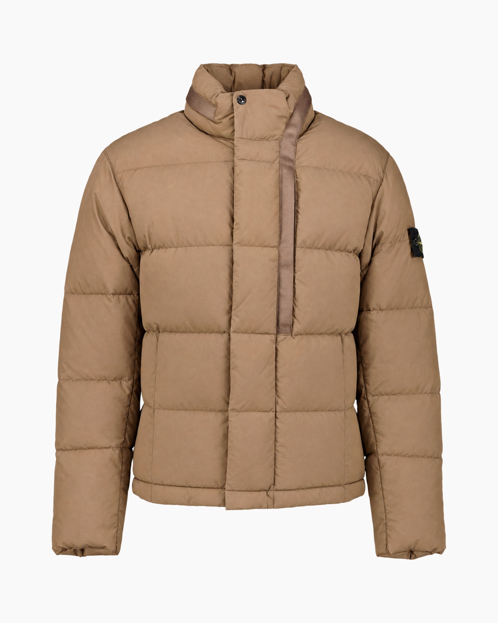donsjas, gestikt, tan, hoge kraag, ritssluiting, jacke mit Daunen, gepufferte Mantel, winterouterwear, hoher kraag, beige