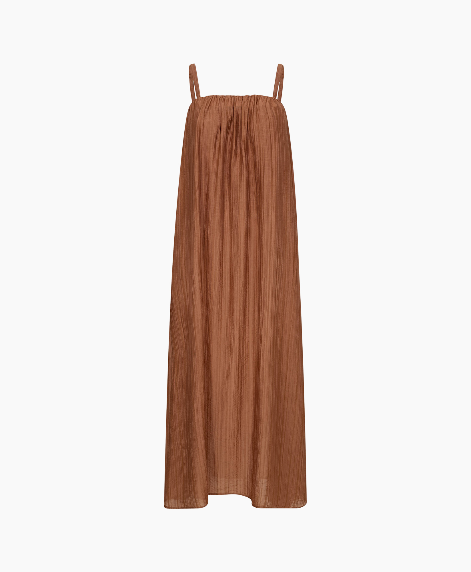 maxi jurk, roodbruin, bandjes jurk, plooien, stof textuur