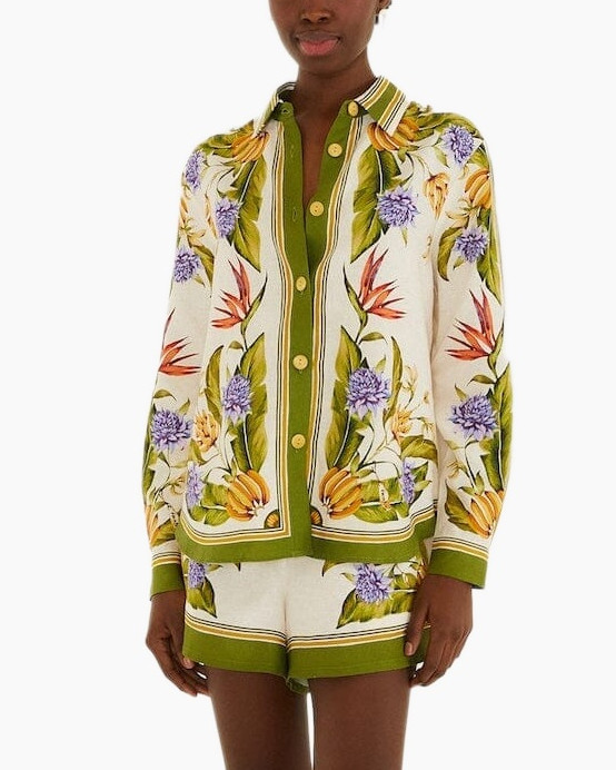 bloemenprint overhemd, lange mouw, knopen blouse, groene accenten, gedrukt patroon