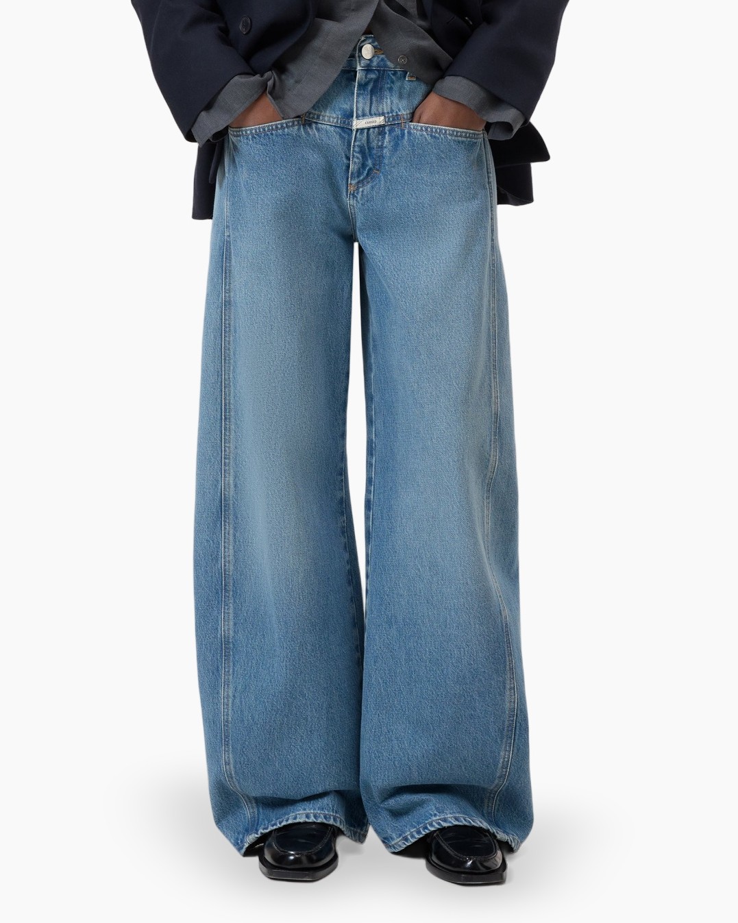 wijdomme jeans, denim, lichtblauw, hoge taille, casual broek