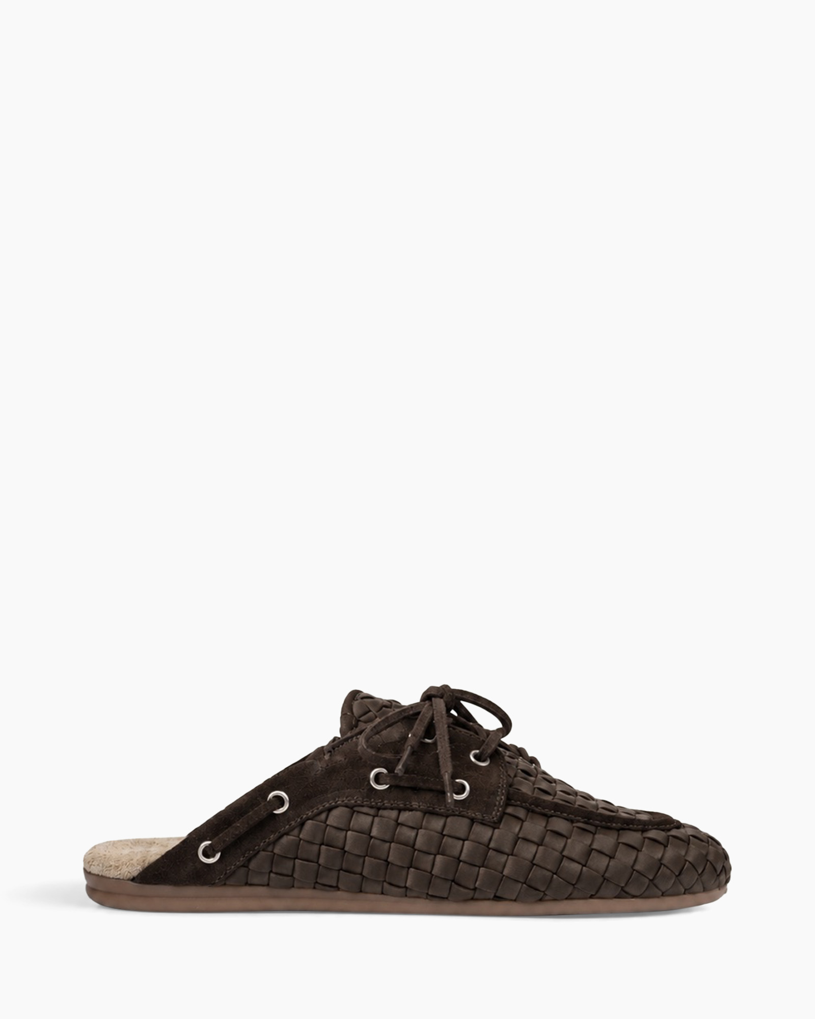 slipper, mocassin, geweven, open achterkant, bruin