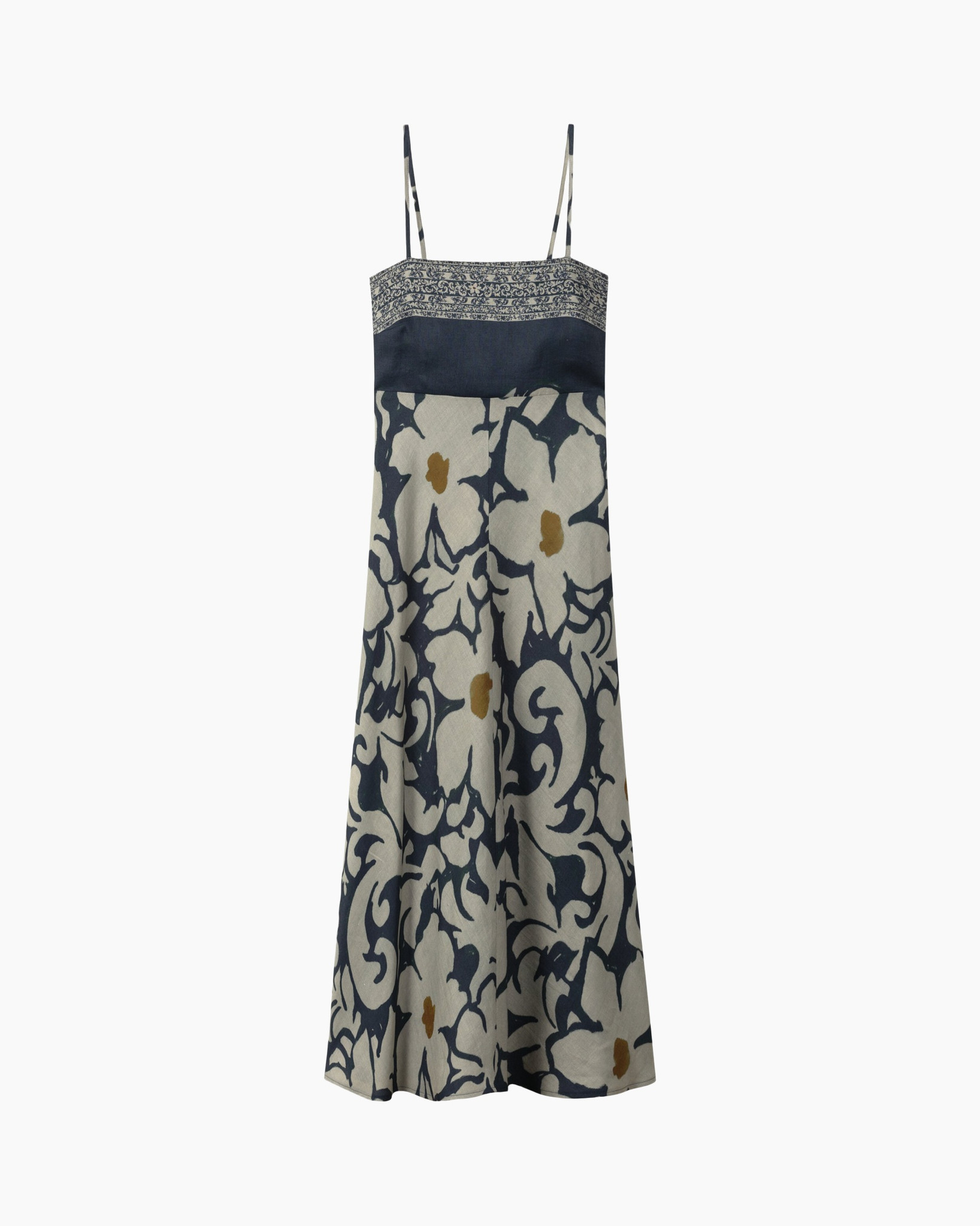 maxi jurk, spaghettibandjes, bloempatroon, marineblauw, beige