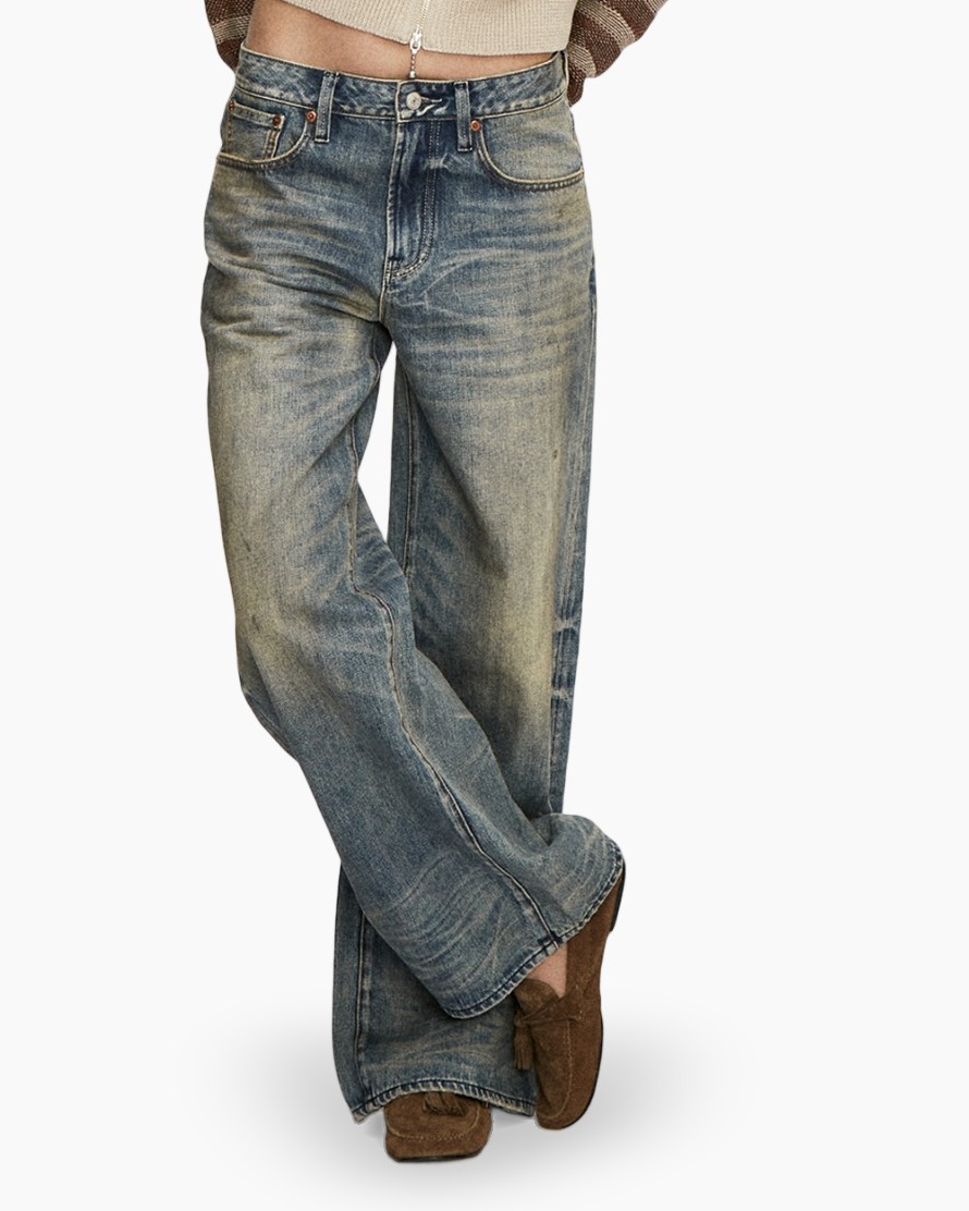 broek, denim, blauw, geruwd, uitlopend