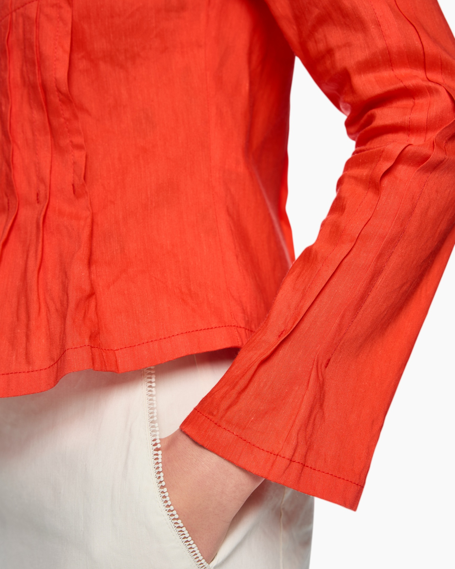 red, long-sleeve, linen, shirt, pocketless?