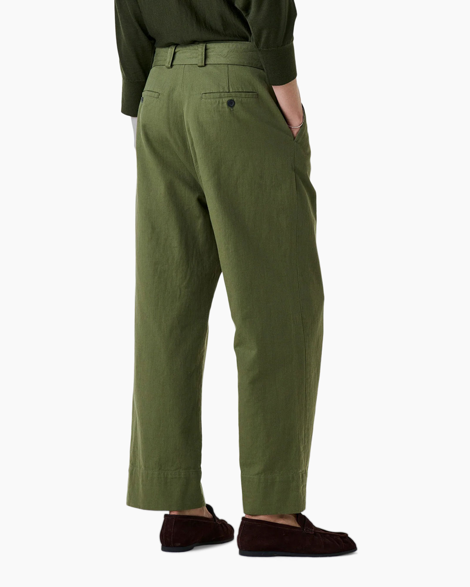 broeken, olijfgroen, wijdte-breed, riem, loafers