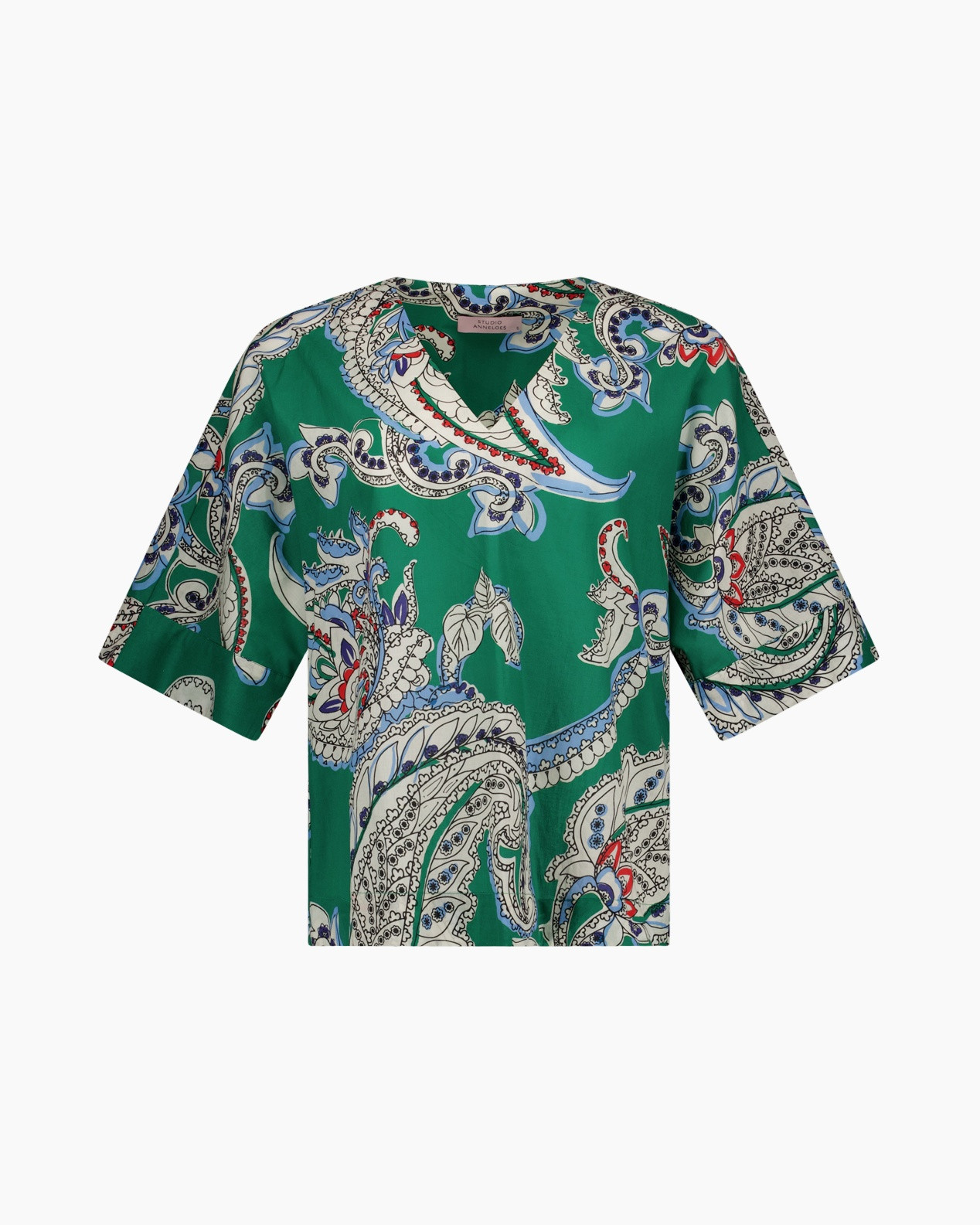 groen, paisley, blouse, korte-mouwen, print