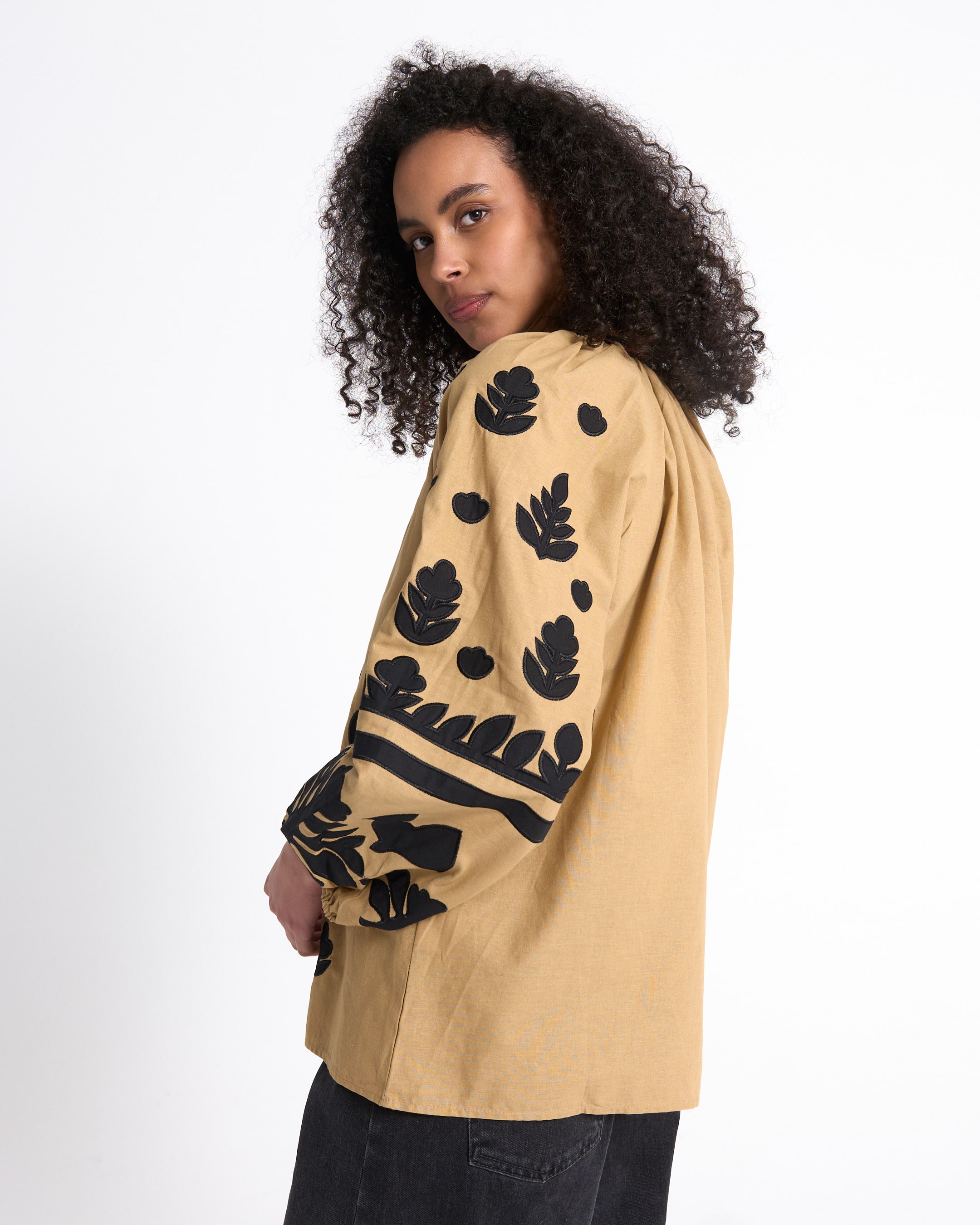 blouse, top, borduurwerk, tan, lange mouw