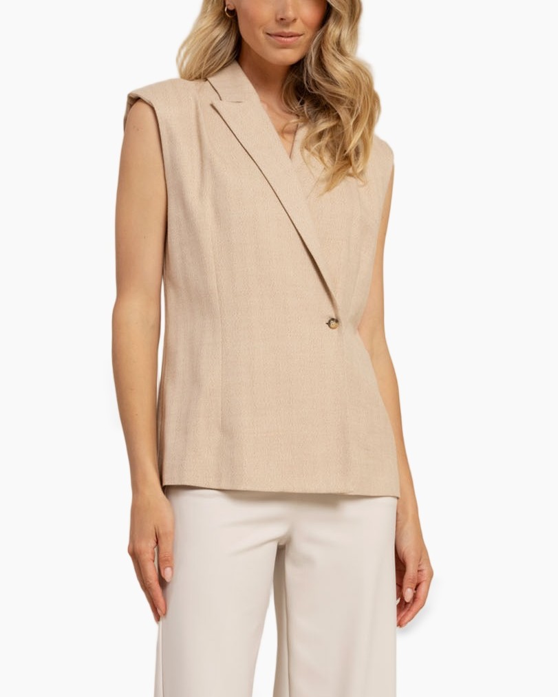 blazer, vest, beige, mouwloos, enkele-knop