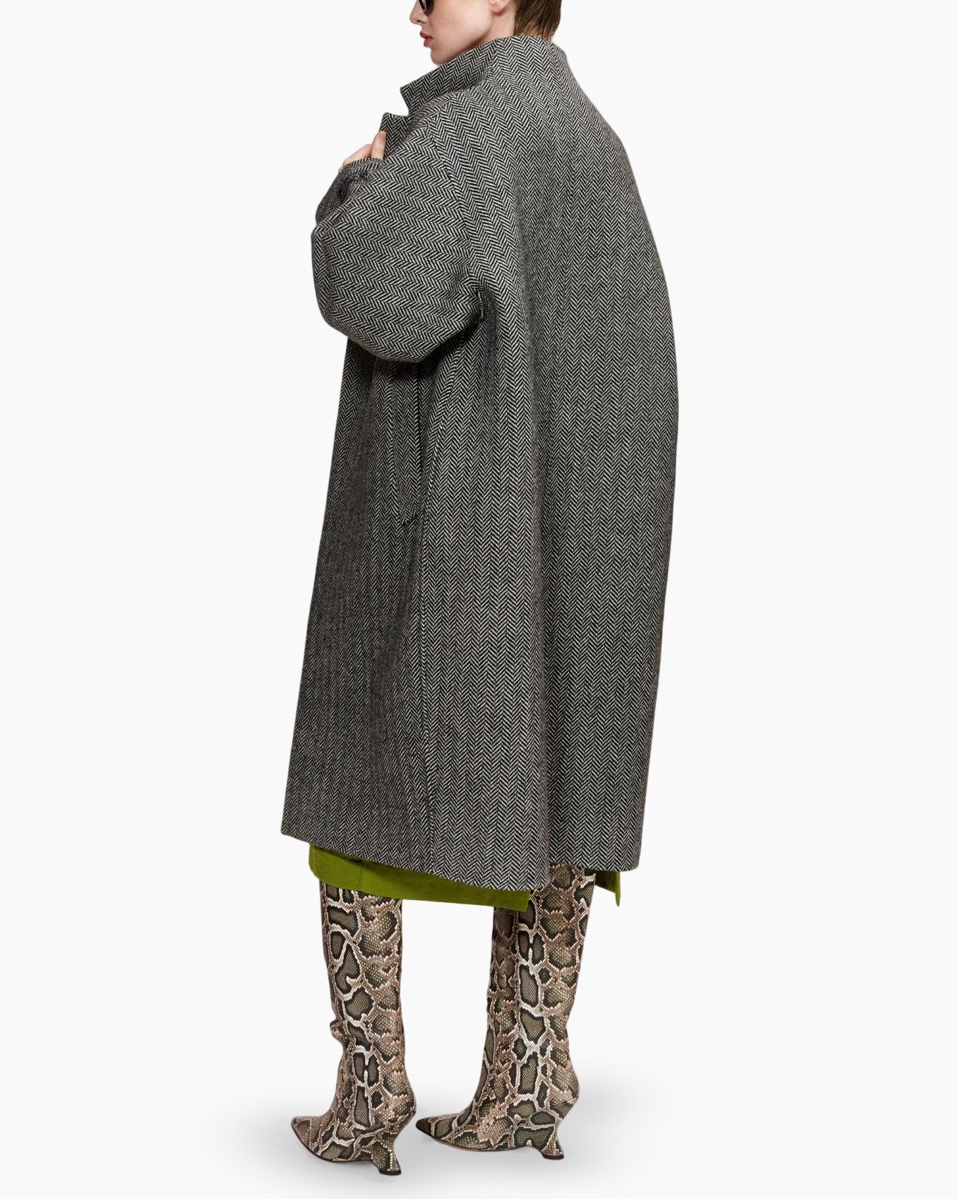 jas, herringbone, lang, grijs, jas met kraag