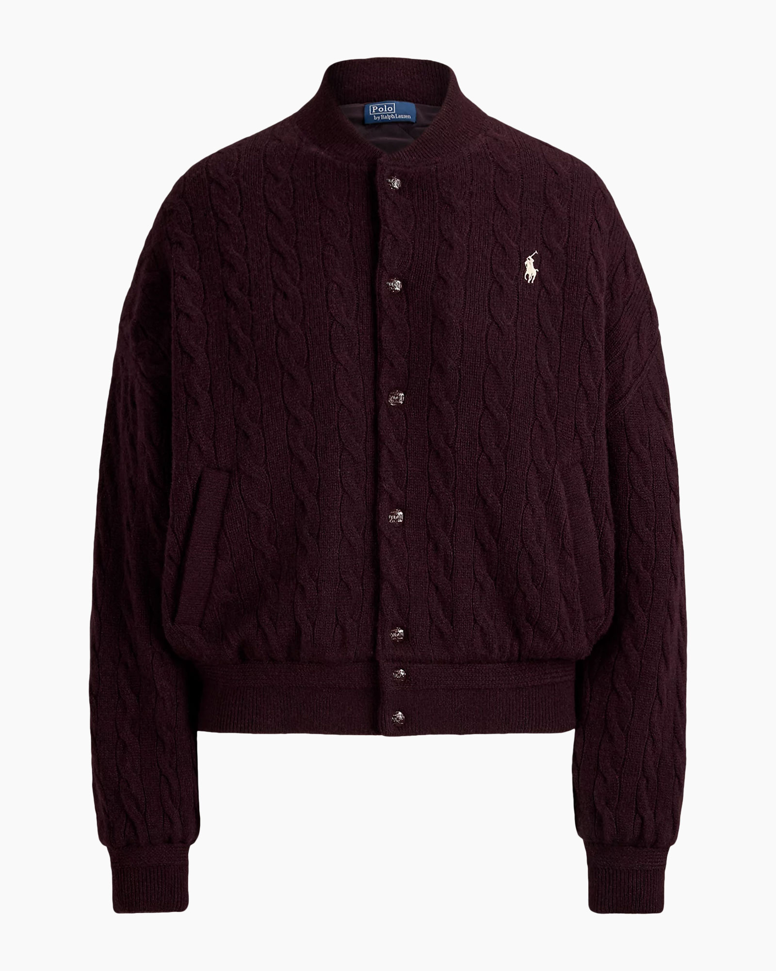 cardigan, kabelknoop, bordeaux, knopslijting, logo