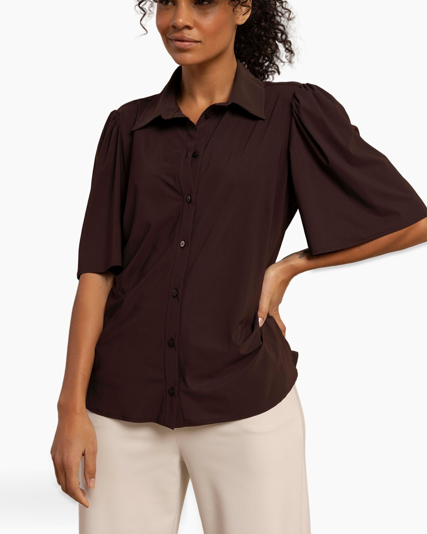 blouse, button-down, puff-sleeve, collared, solid-color