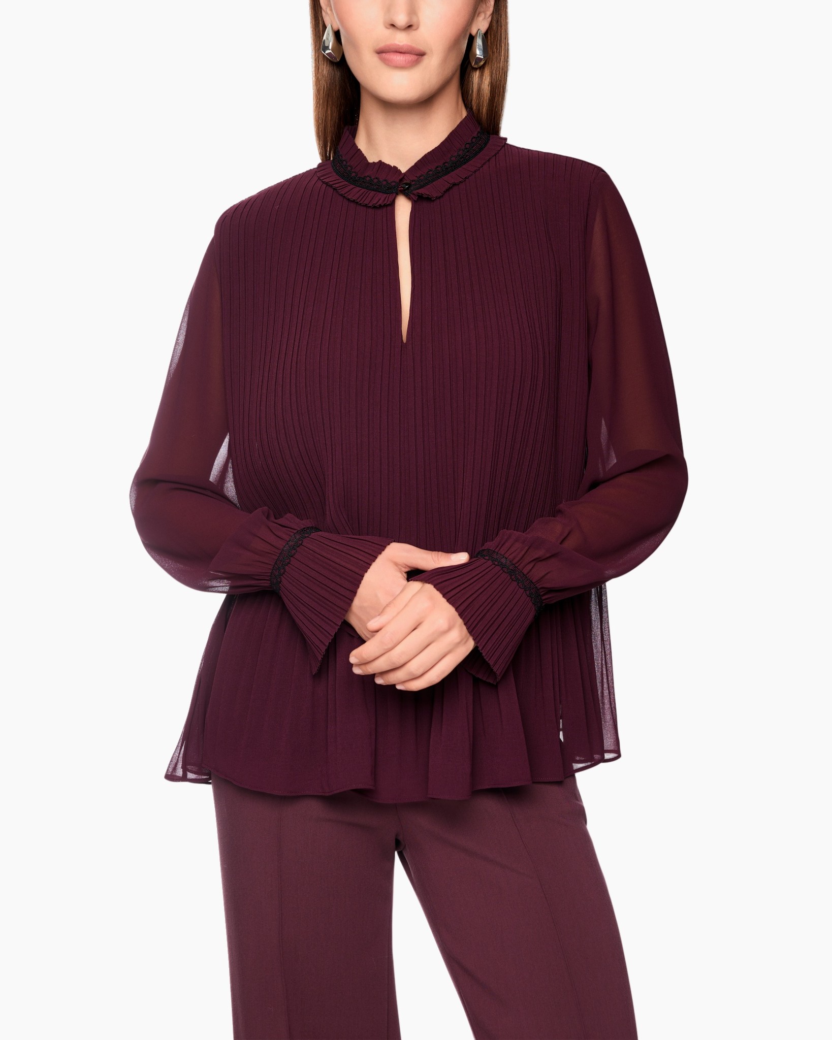blouse, plooien, doorschijnend, långärmad, bordeaux