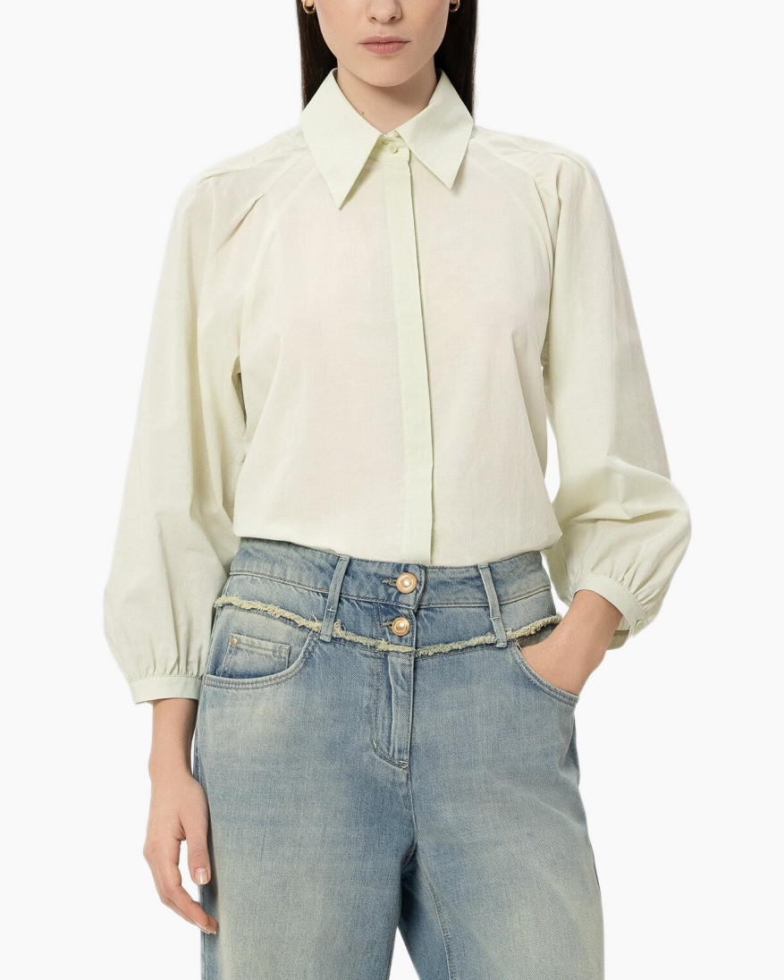 blouse, hemd met kraag, lange mouwen, pofmouwen, lichte kleur