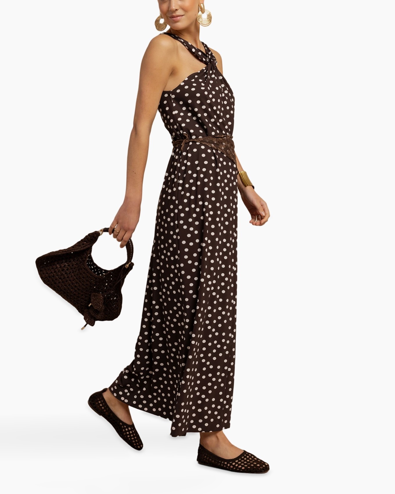 jurk, maxi jurk, polkadot, bruin, halternek