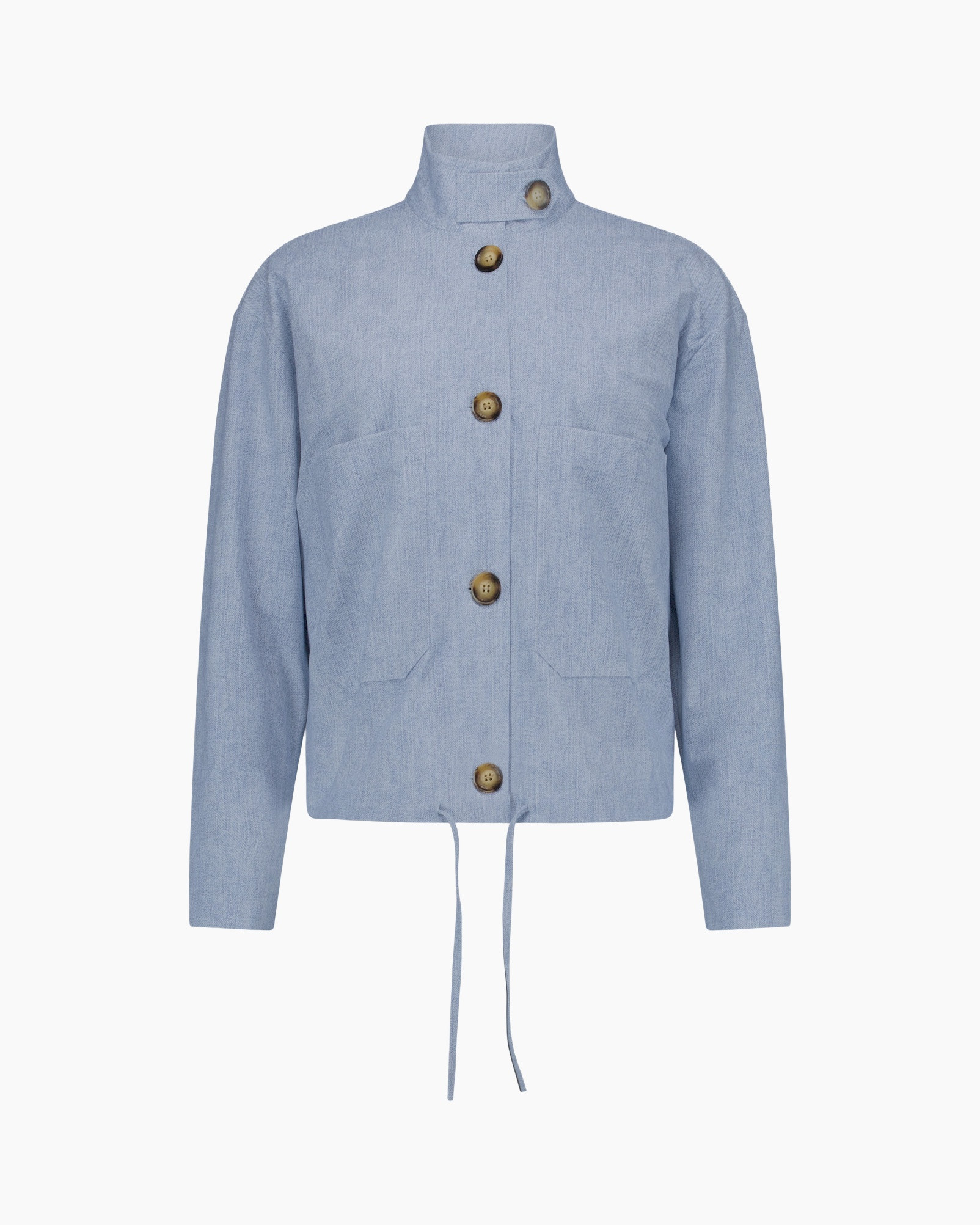 lichtblauw, denim, knopenjas, hoge kraag, trekkoord zoom