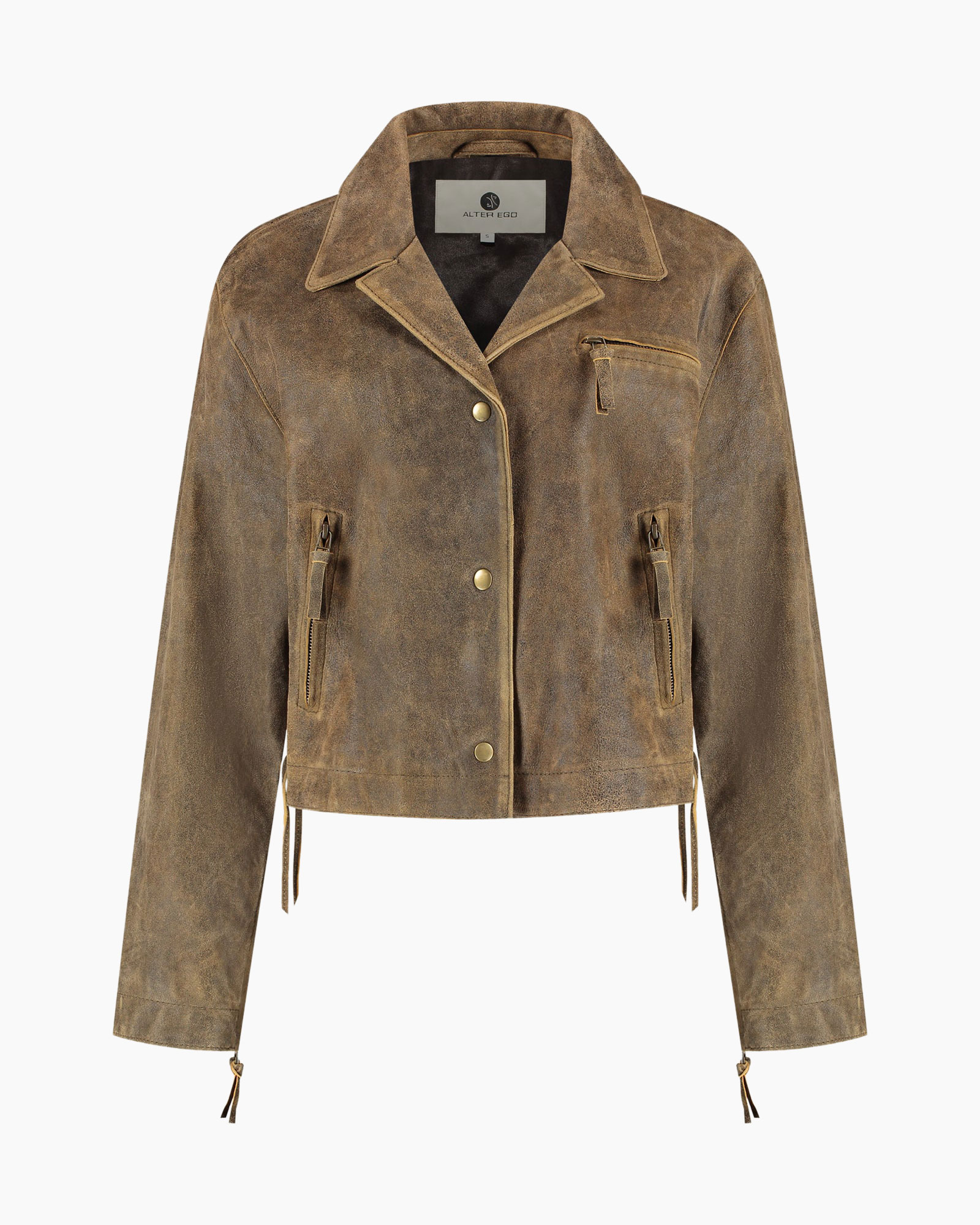 leer jack, bruin, r vs zakken, drukknopen, kraag jas