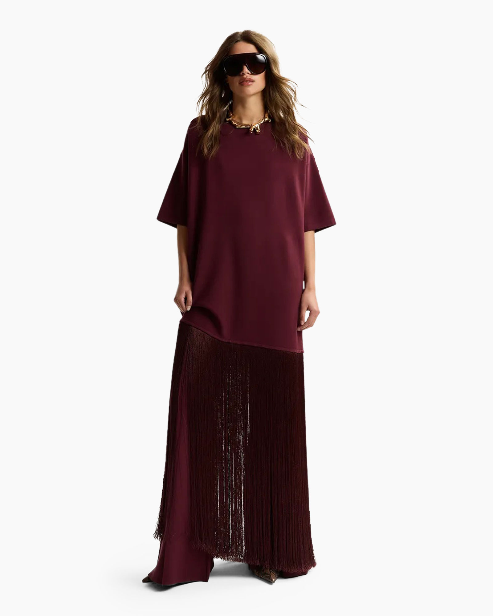 jurk, midi jurk, bordeaux, franjes, korte mouwen