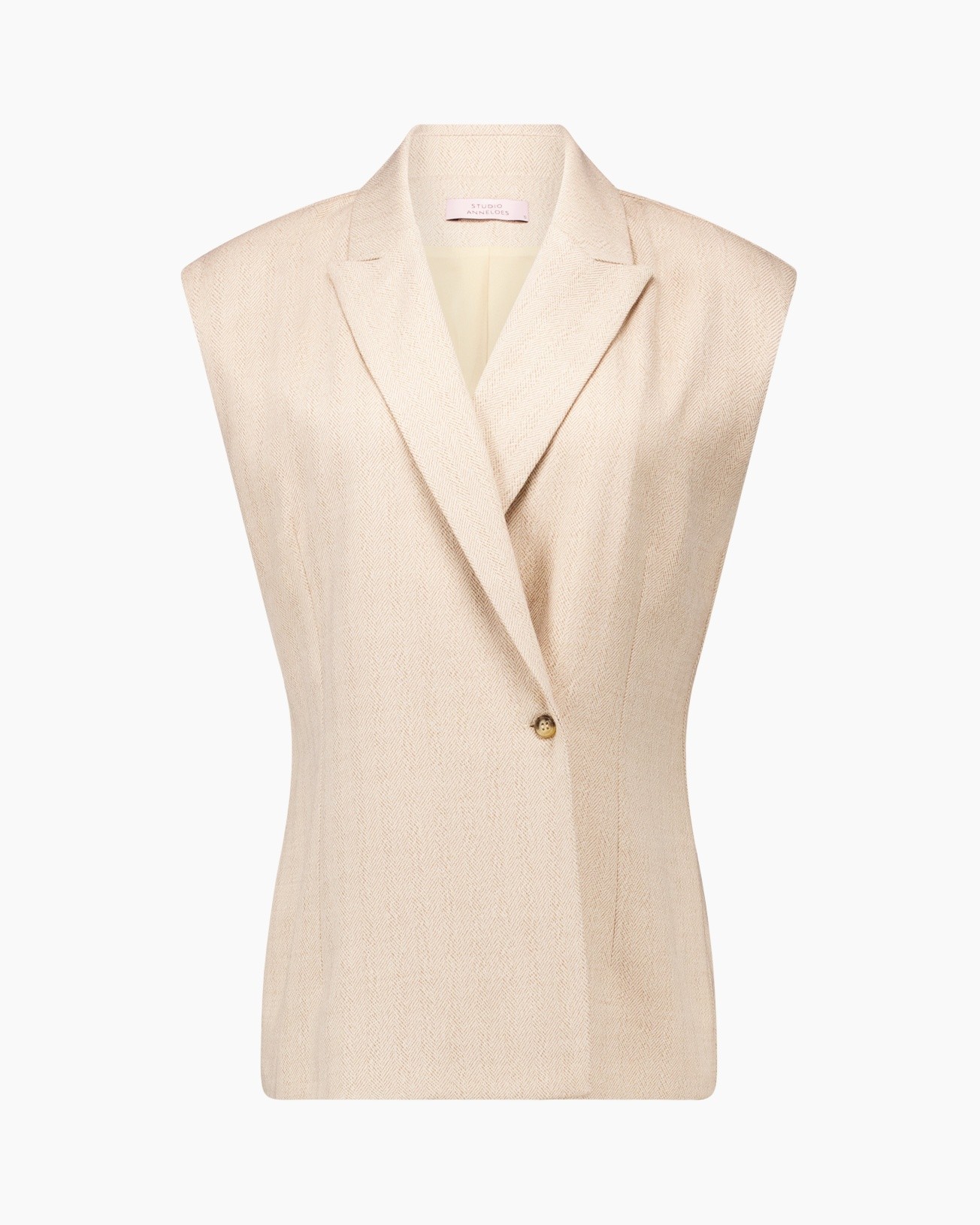 blazer, vest, beige, mouwloos, enkele-knop
