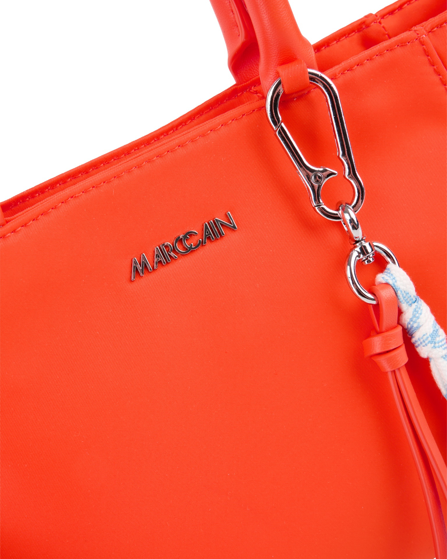 orange bag, crossbody, metal logo, carabiner clip, shoulder strap