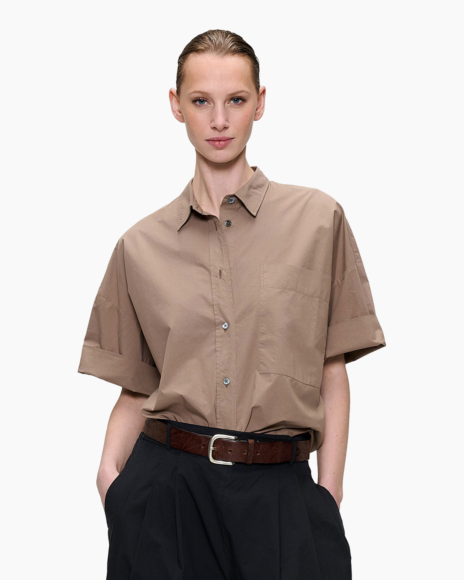 shirt, button-up, short-sleeve, beige, collared