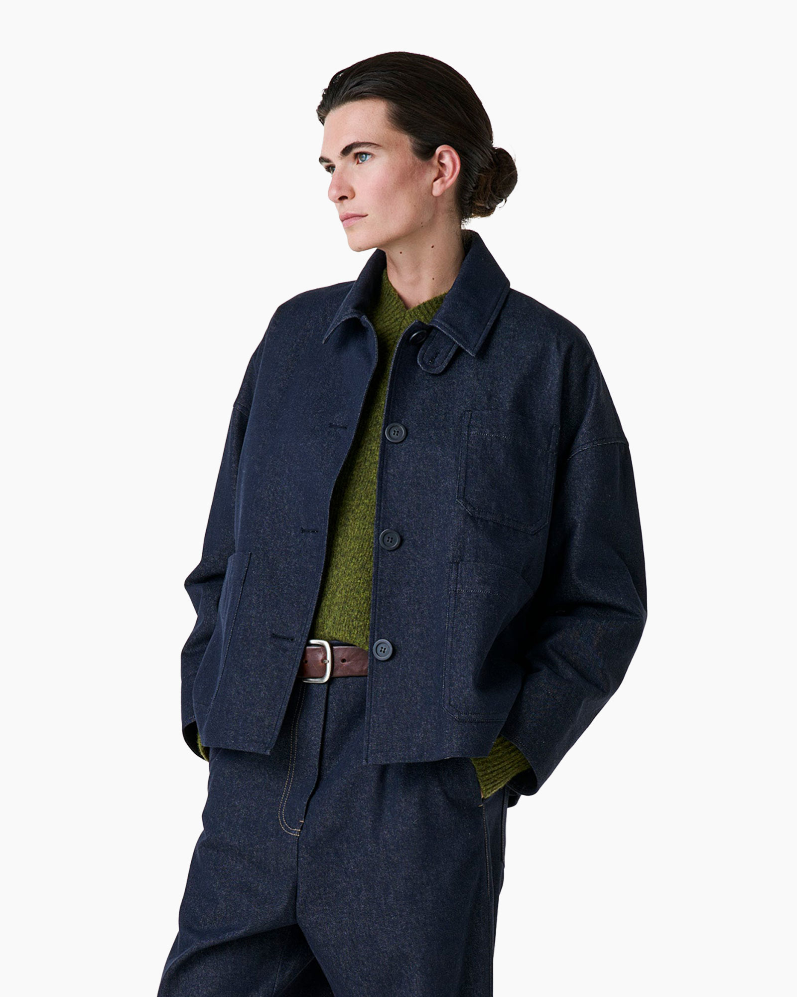 denim jas, korte jas, knop bovenkant, donker was, contrast riem mogelijk