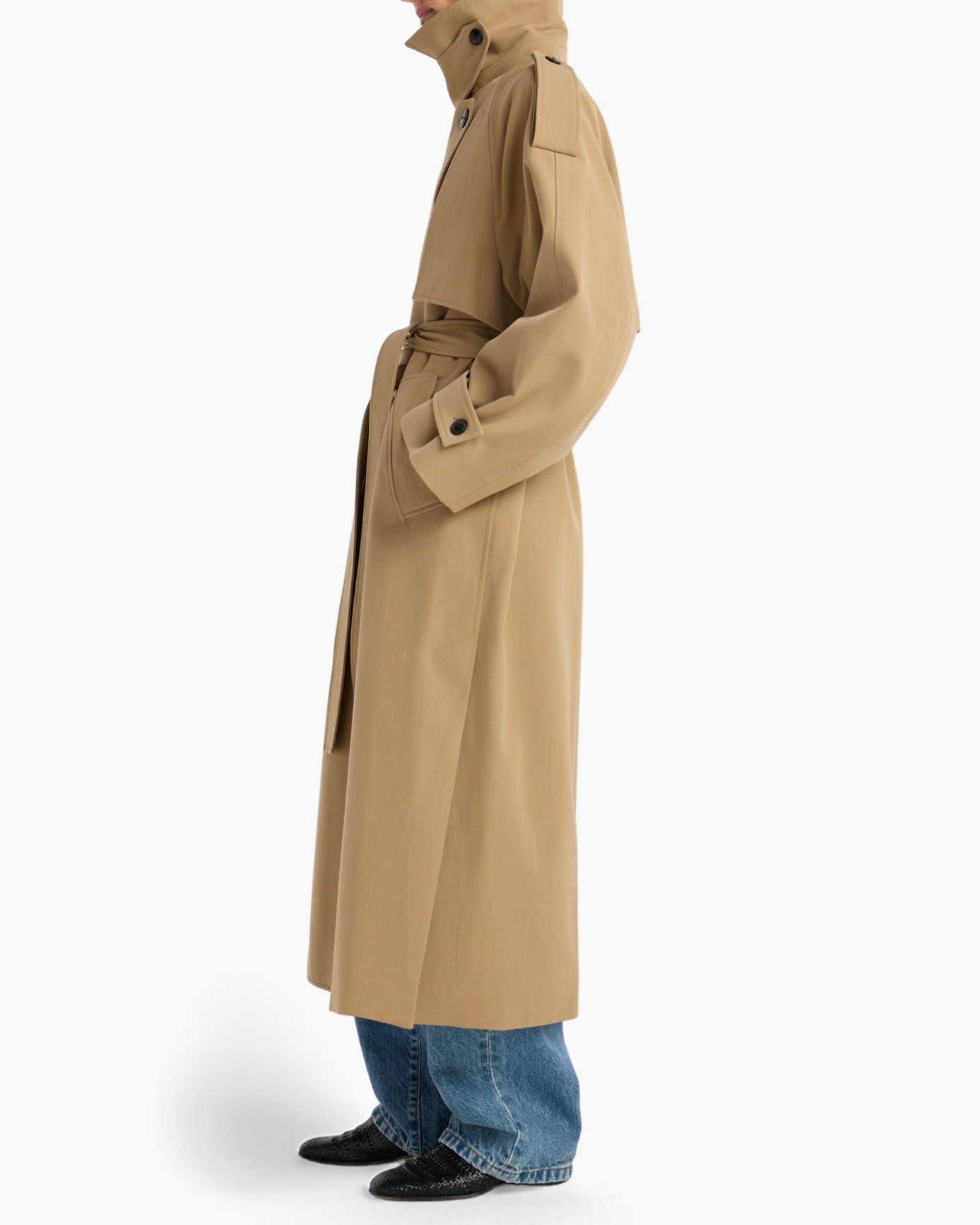 regenjas?, lange jas, beige, riempje riem, canvas kraag?