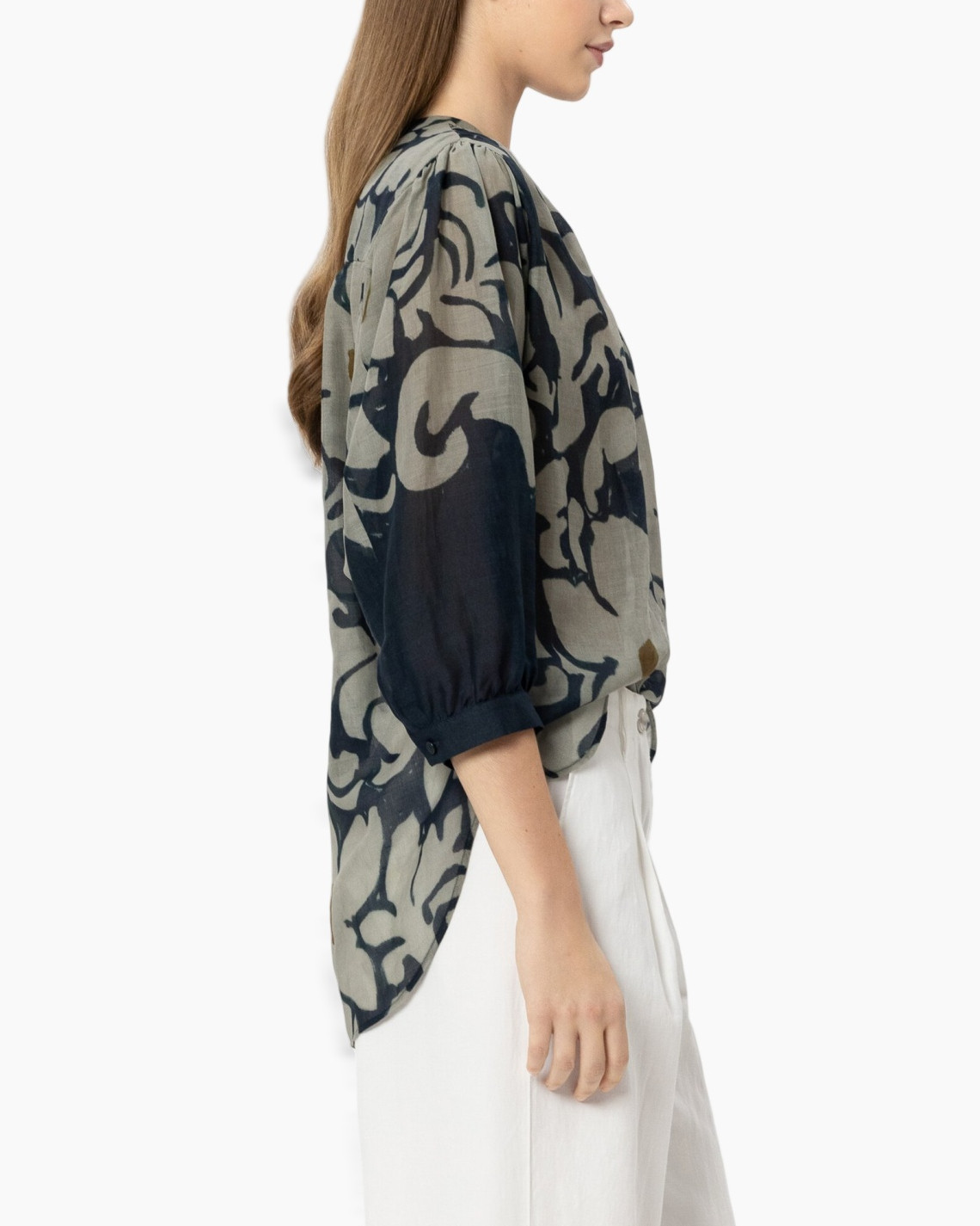 blouse, top gedrukt, lange mouwen, camouflage patroon, zijkant