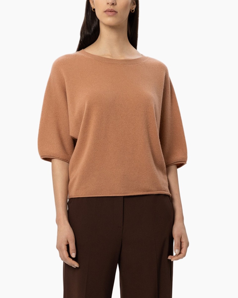 top, pullover, breipull, kortmouw, roze-beige