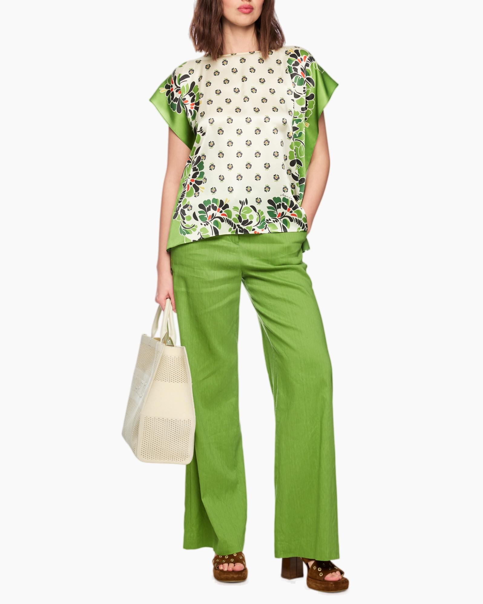 top, broek, groen, patroon, tas