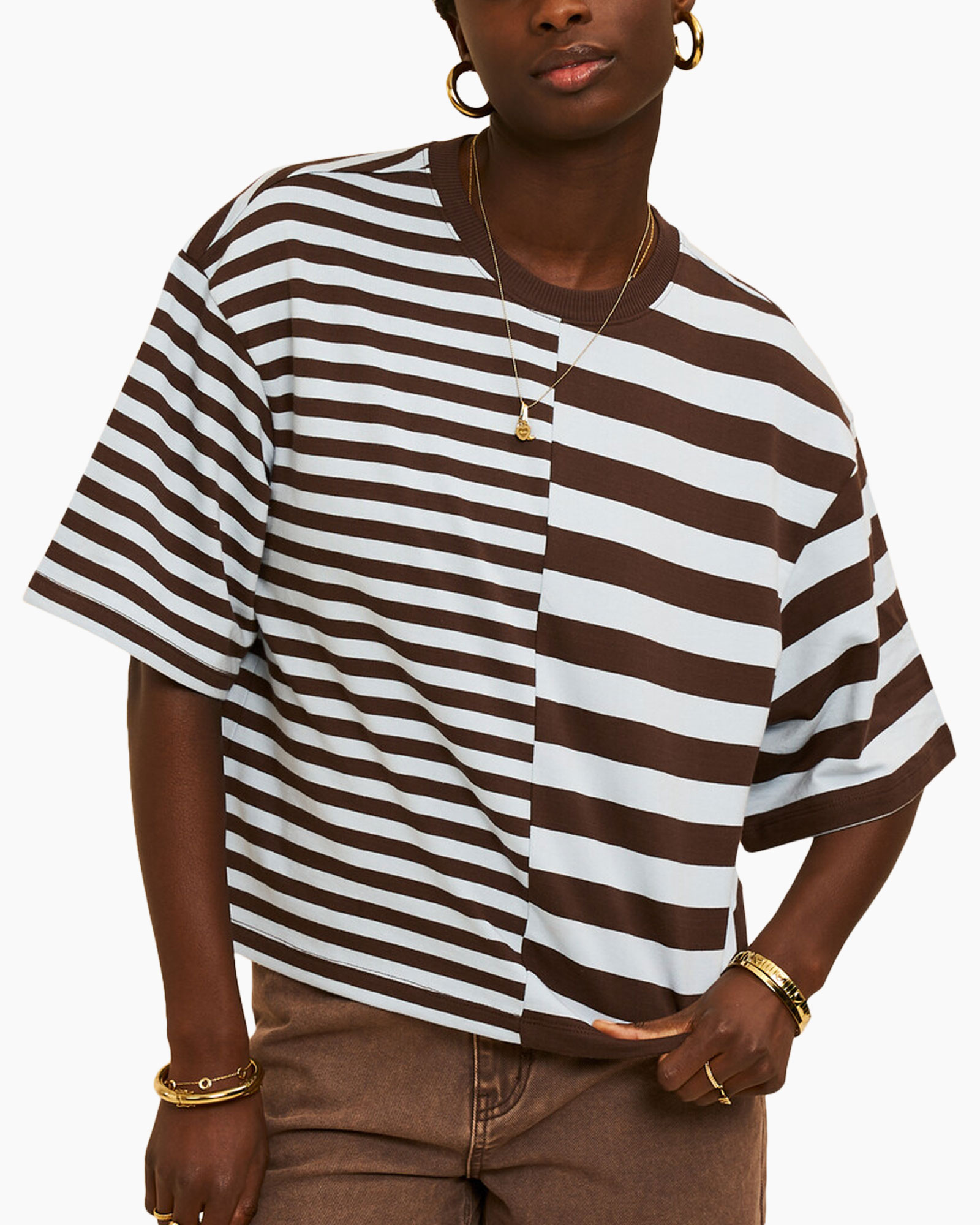 striped shirt, short-sleeve, brown white, tunic style, relaxed fit